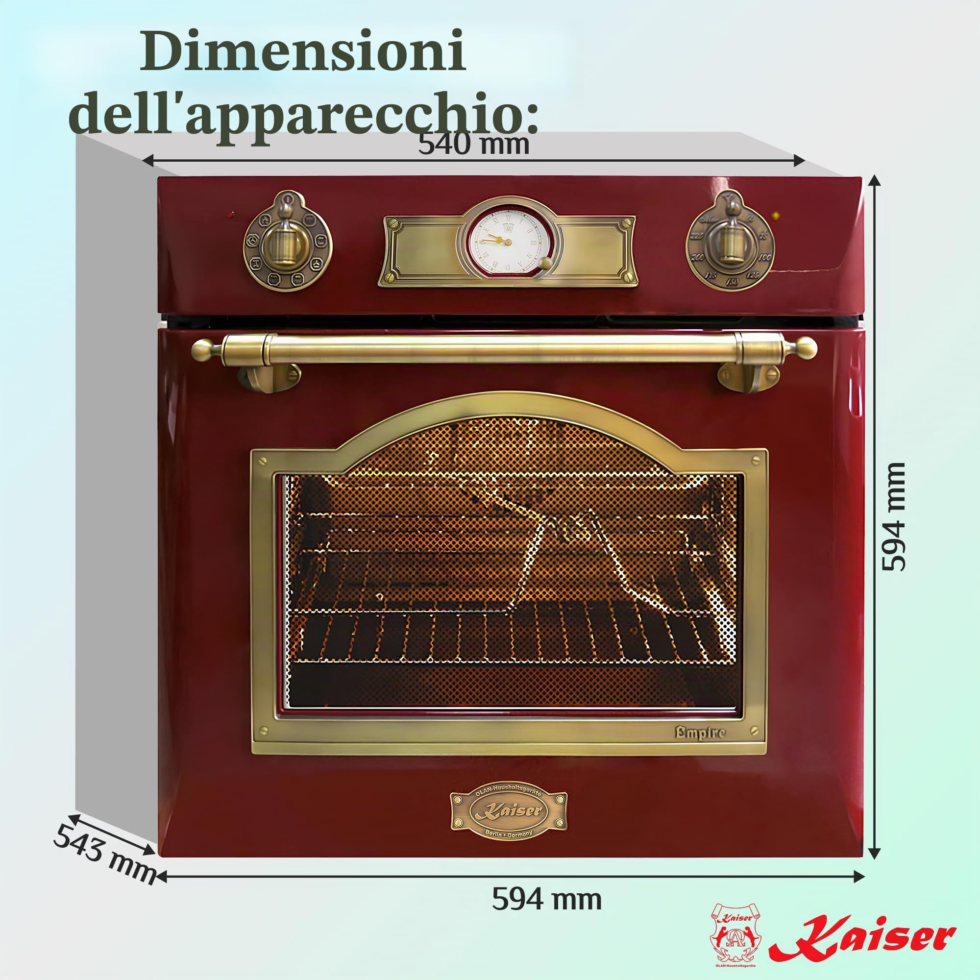 Forno elettrico da incasso 60 cm Kaiser EH 6355 RotEm Serie Empire Smalto Bordeaux con decorazioni in bronzo · Multifunzione 8 · Grill a infrarossi · Girarrosto · Autopulizia catalitica · Classe A