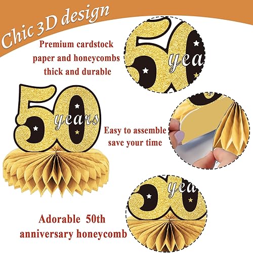 Miniatura 3 de 9 piezas de decoración de 50 aniversario para centros de mesa de cumpleaños 50 para decoración de mesas, decoraciones de nido de abeja de 50 años,