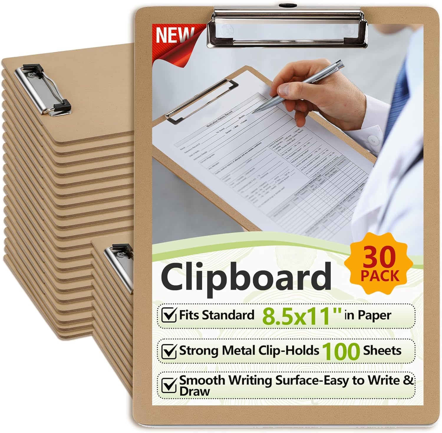 30 Pack Clipboard Letter Size - Wooden Clip Boards 8.5x11 with Metal Clip & Hanging Hook, Nursing Clipboard, Clipboards for Classroom, Teachers & Students, School & Office Supplies, ECO Friendly