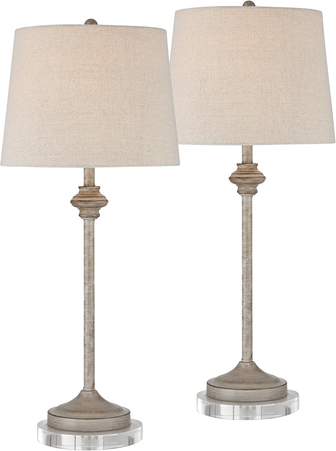 360 Lighting Lynn Country Cottage Buffet Table Lamps 27 3/4" Tall Skinny Set of 2 with Round Risers Light Beige Wood Oatmeal Fabric Drum Shade for Living Room House Home Dining Entryway Family