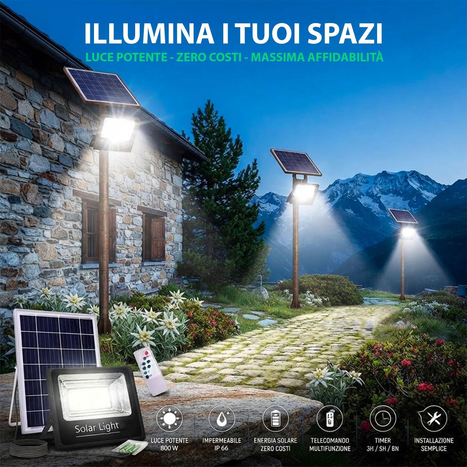 Faro Solare LED 800W con Pannello Solare, Luce Esterno 6500K Ultra Potente, Sensore Crepuscolare Automatico, Telecomando, IP66 Impermeabile, Faretto da Esterno per Giardino, Cortile, Strada
