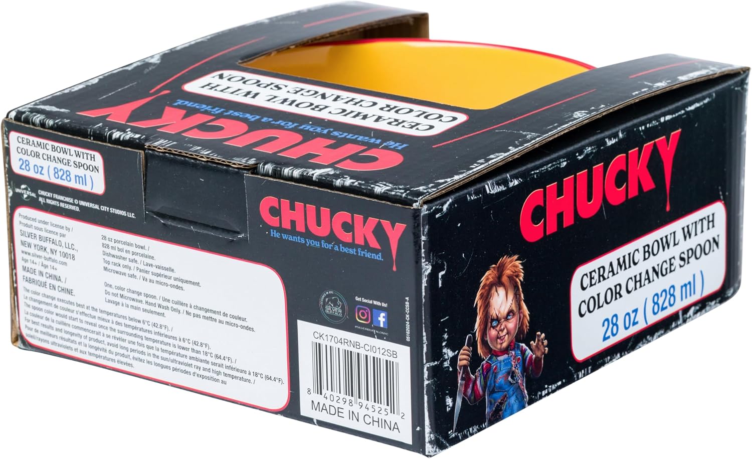 Silver Buffalo Chucky “He Wants You As a Best Friend” Ceramic Bowl with Color Changing Spoon, 28 Ounces
