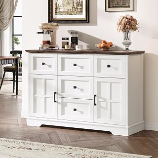 Farmhouse Sideboard Buffet Cabinet with Storage, 47.3" Large Sideboard Cabinet with 5 Drawers & 2 Doors, Wood Coffee Bar Table for Kitchen, Living Room (White)