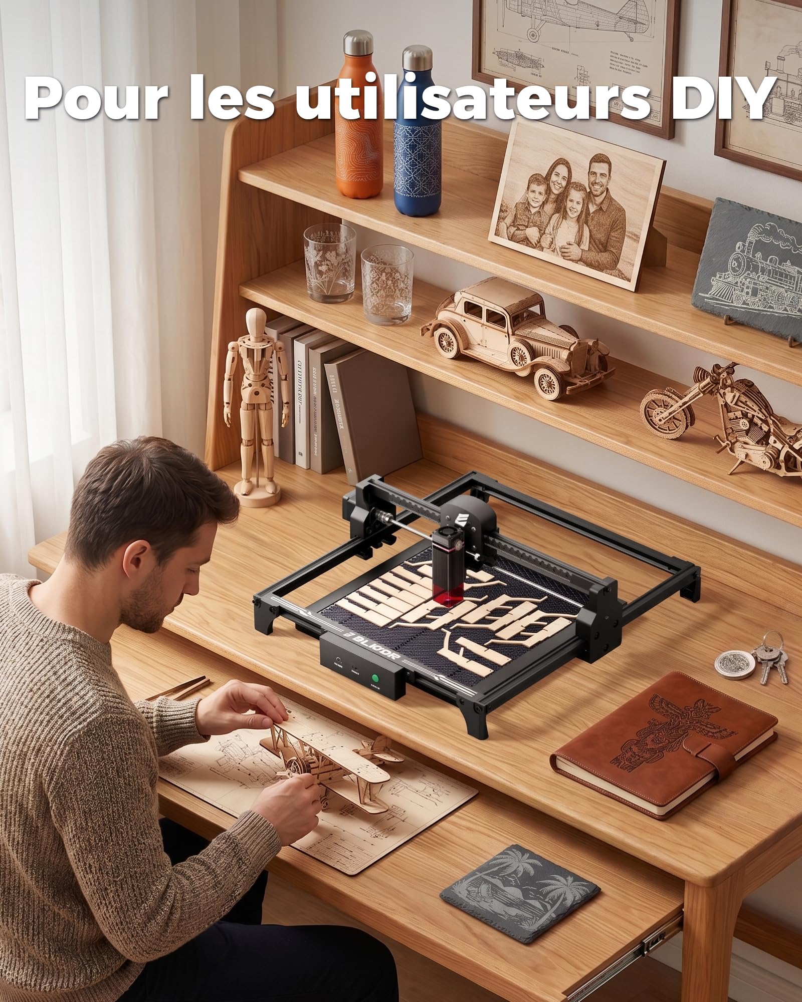 ELIDOR Z6 Machine de gravure laser 6 W, 0,01 mm, haute précision, zone de travail 300 x 300 mm, découpe laser pour bois, cuir, plastique, idéale pour les débutants et cadeaux personnalisés