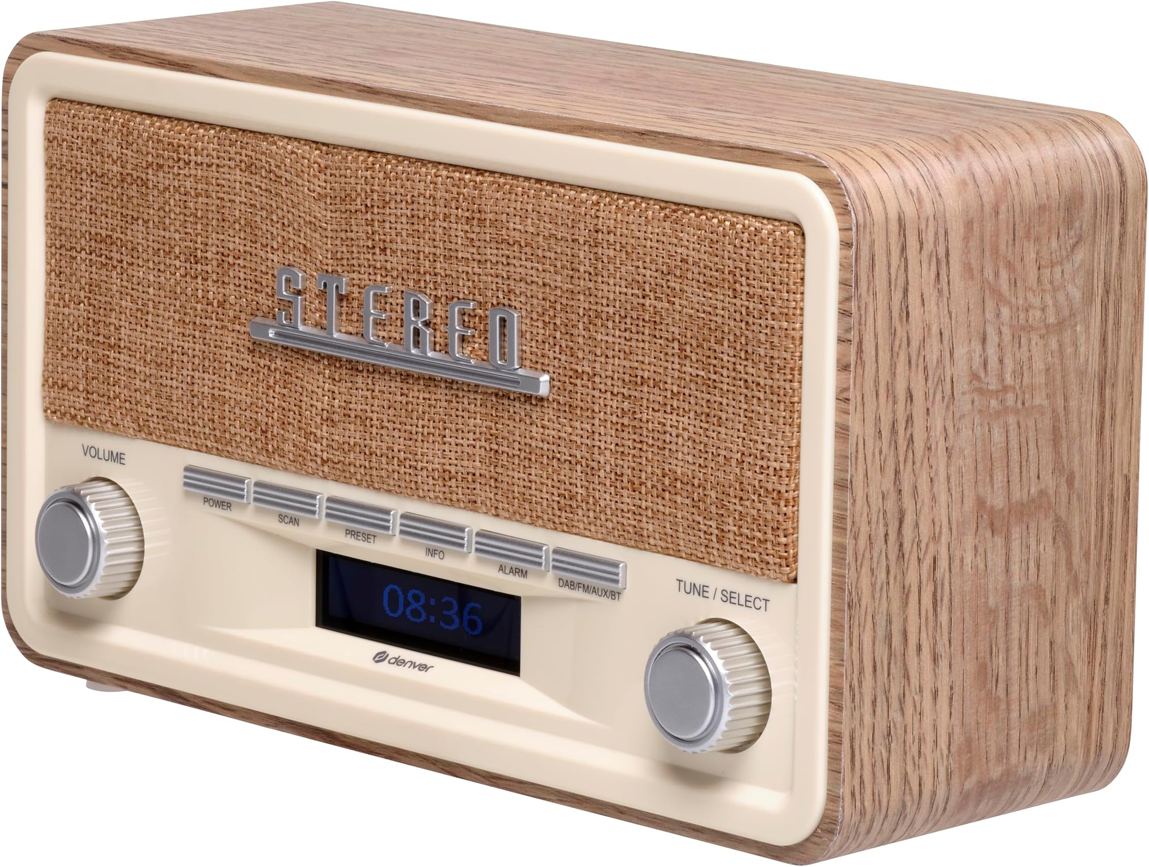 Denver DAB-18 Vintage Style Stereo DAB/DAB+ & FM Radio – Real Wood Cabinet, Bluetooth, Clock Radio Alarm, AUX IN for Smart Phone/Tablet / MP3 Player – Mains or Battery