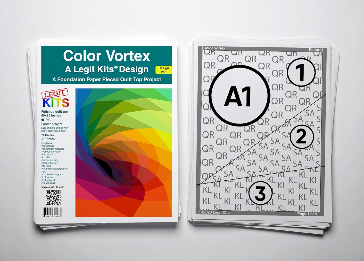 LEGIT KITS Color Vortex Quilt Kit, Foundation Paper Pieicing Pattern with Precut Fabric, 60 x 80 inches