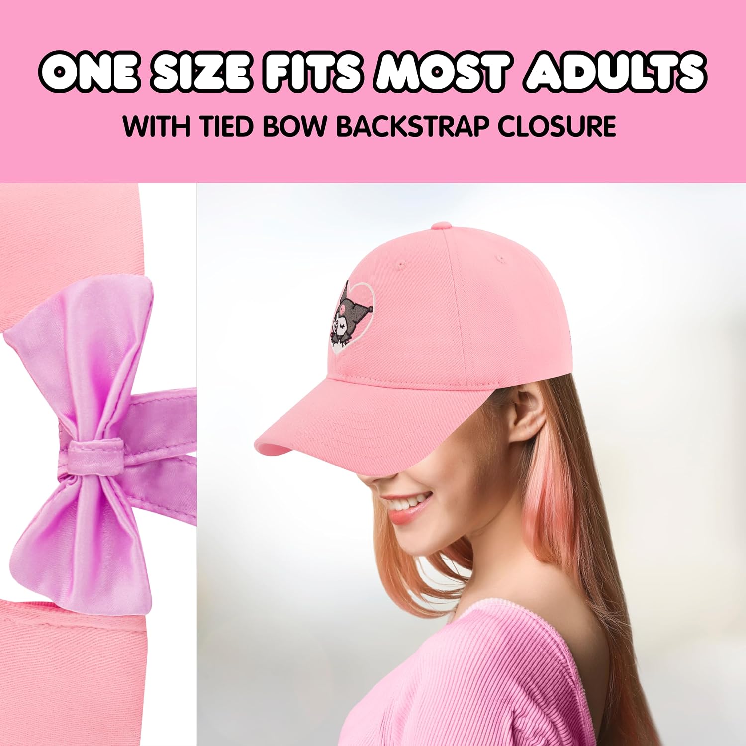 Kuromi Baseball Cap, Adult Bow Tie Hat with Curved Brim, Pink, One Size