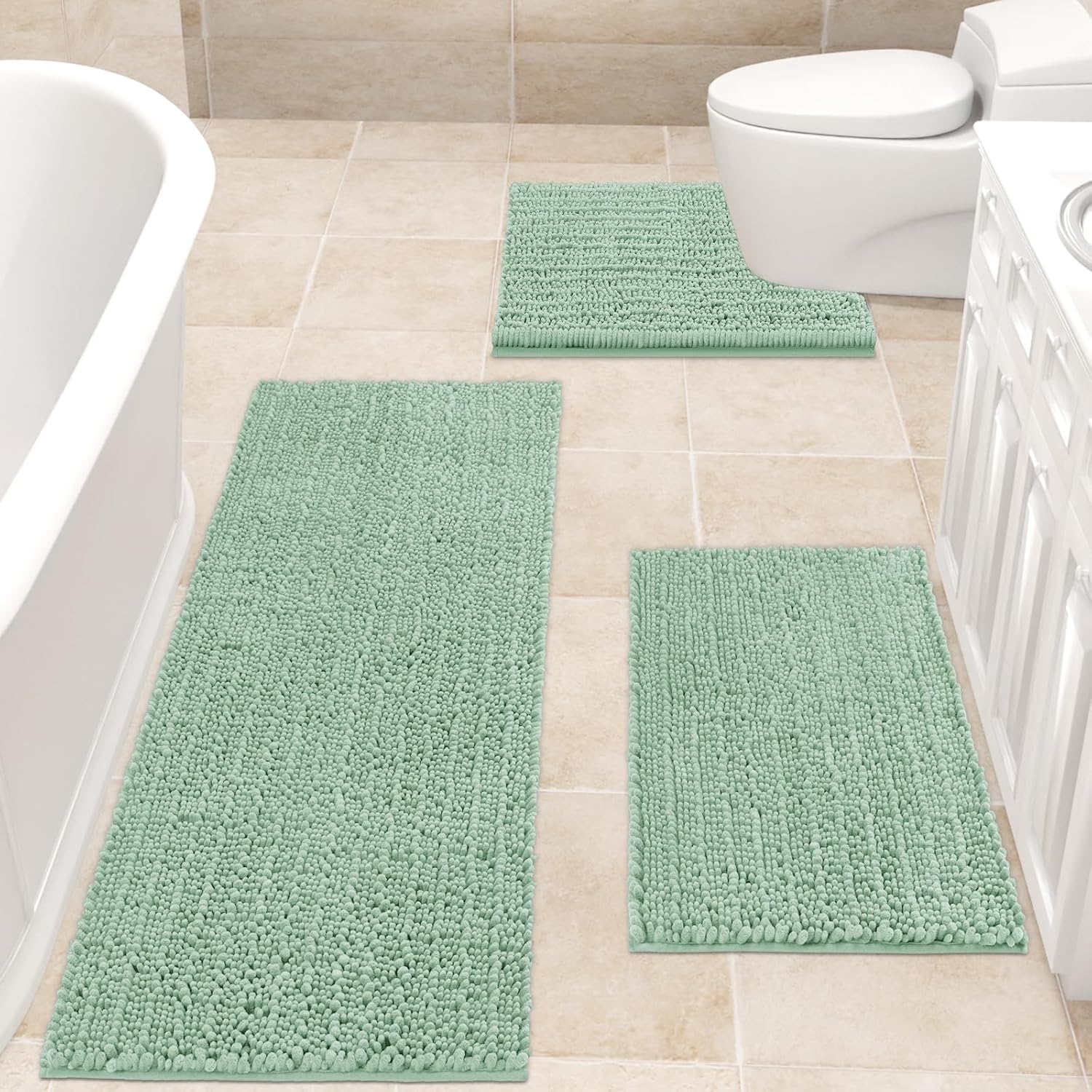 ACCUMTEK Upgrade Extra Large Sage Bathroom Rug Set 3 Pieces