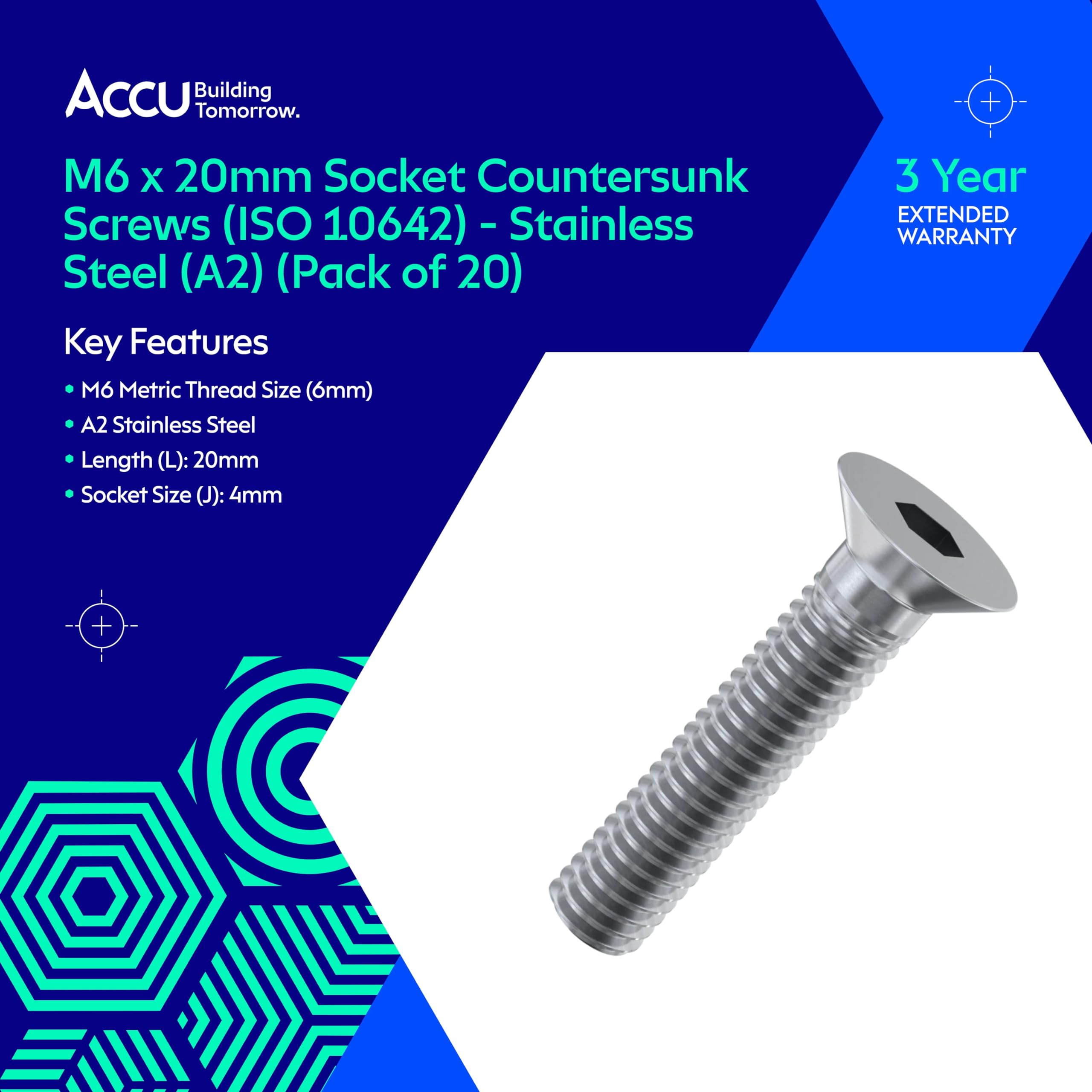 Accu - M6 x 20mm Socket Countersunk Screws (ISO 10642) - Stainless Steel (A2) (Pack of 20) - Image 2