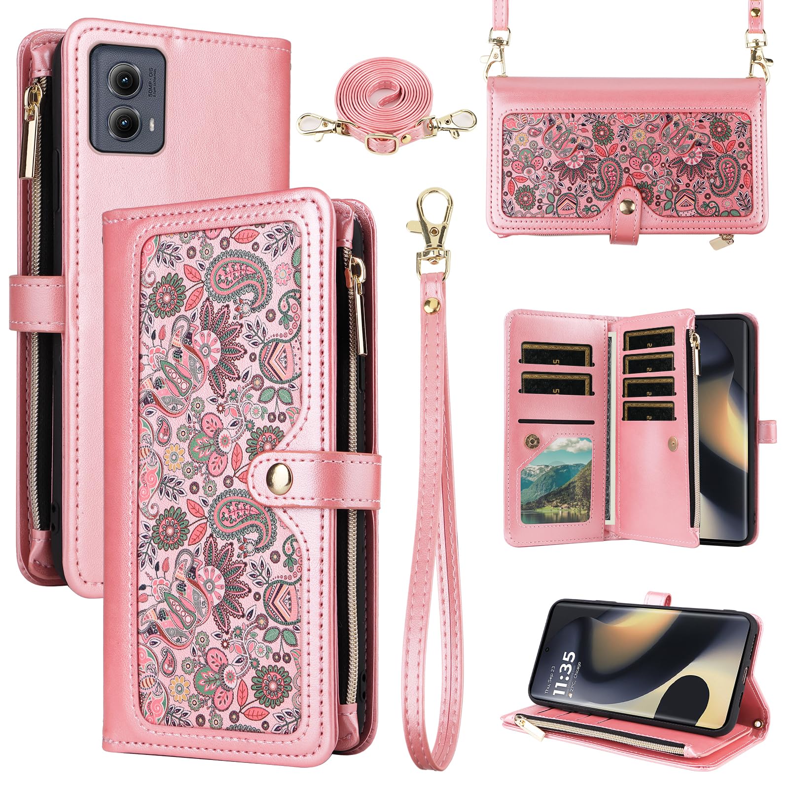 Dswteny for Motorola Edge 5G 2024 Floral Wallet Case with Wrist Strap Shoulder Strap, Zipper Purse PU Leather Credit Card Holder Stand Accessories