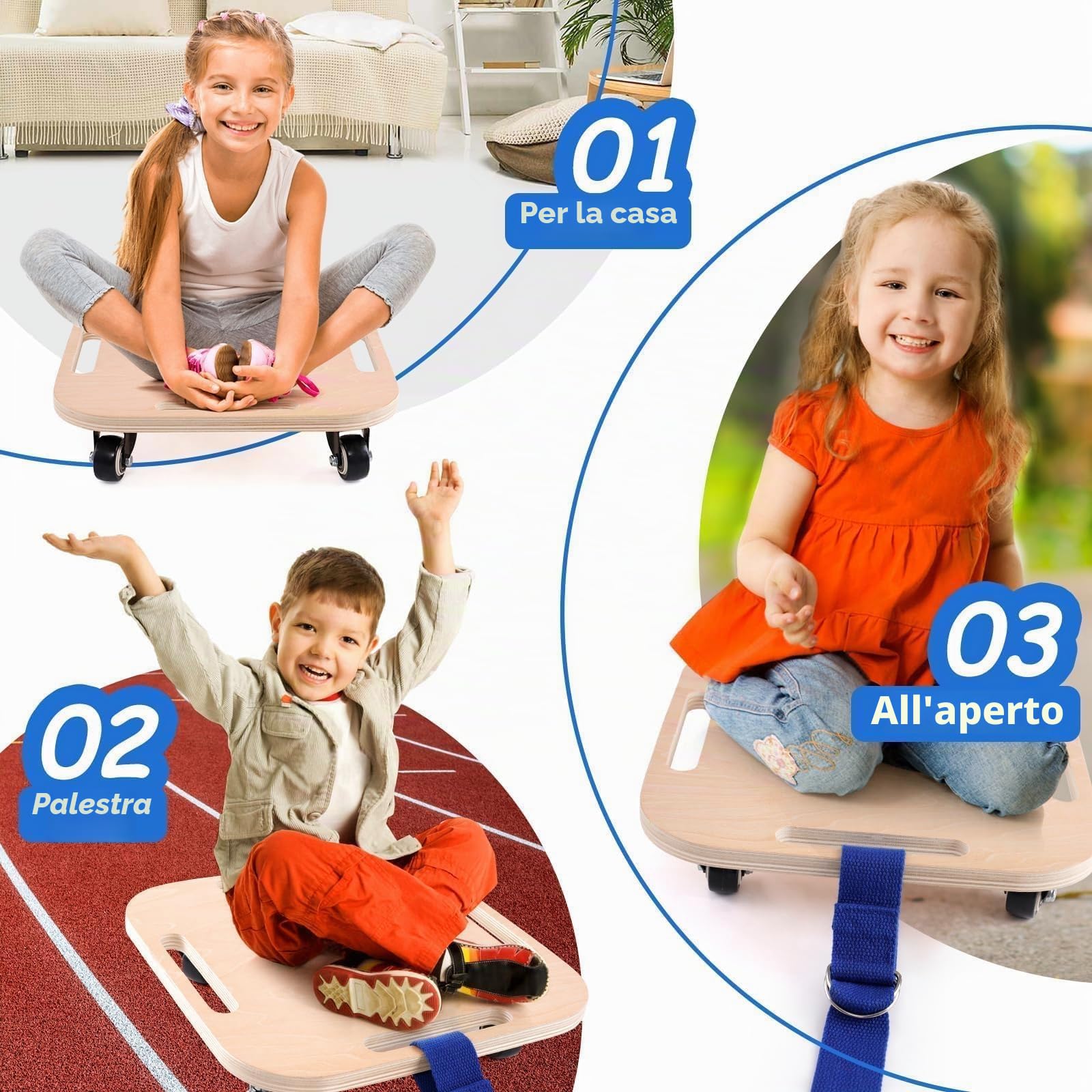Kids Sitting Scooter Board with Handles and Universal Wheels, Safety Wooden Scooter Board for Kids, Manual Sport Scooters for Indoor & Outdoor Play