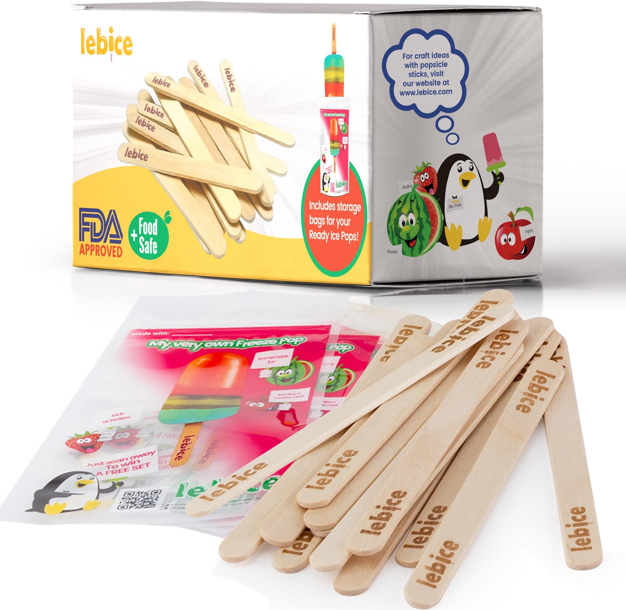Popsicle Sticks Natural Wood, 300 Craft Sticks, Ice Cream Sticks, Bag for Ice Pops, by Lebice.
