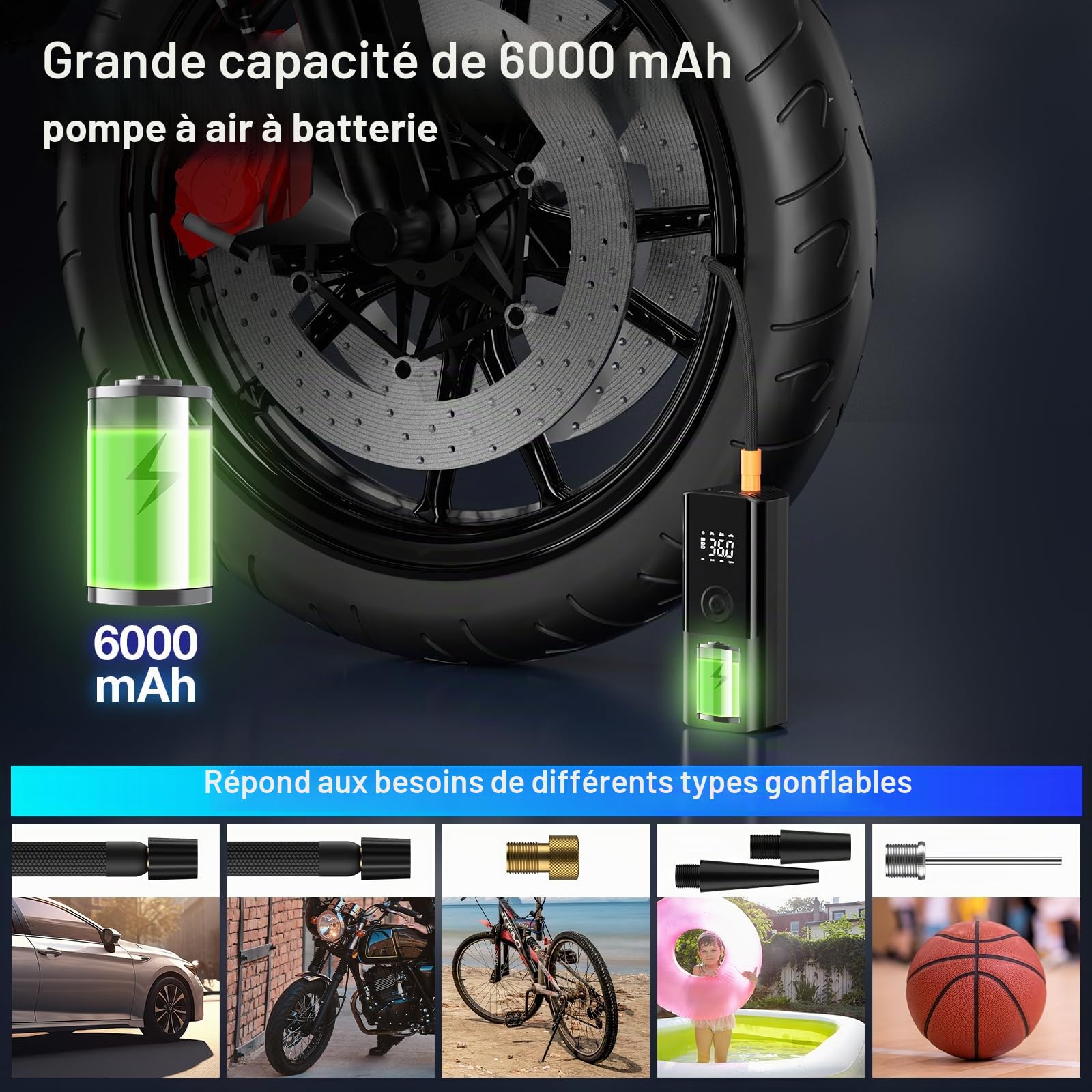 Compresseur d'air rechargeable sans fil pour voiture, moto, vélo - 150 PSI - 6000 mAh - Accessoires de voiture - Lumière LED - Noir