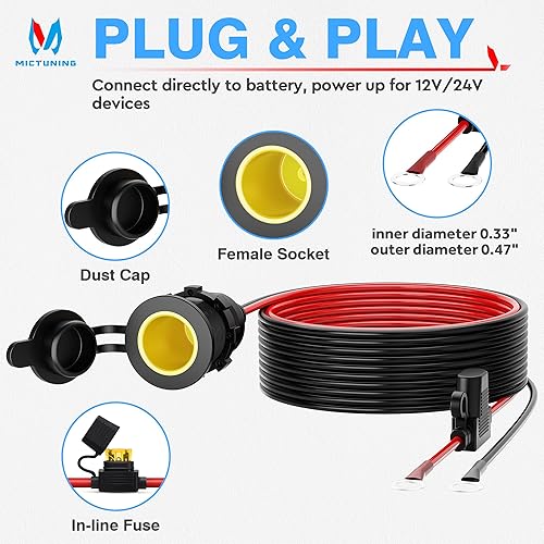 Miniatura 4 de MICTUNING Cable de extensión para encendedor de cigarrillos hembra de automóvil de 12 pies 12 AWG 12 V 24 V con enchufe roscado a terminales de ojal