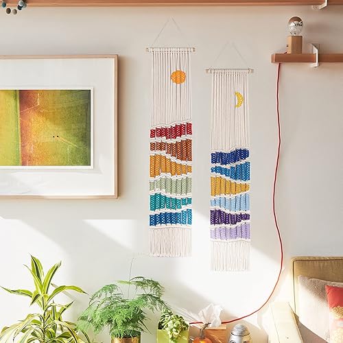 Miniatura 3 de Juego de decoración bohemia para colgar en la pared, 2 piezas de tapiz bohemio del suroeste bohemio hecho a mano con borla larga, adorno de arcoíris