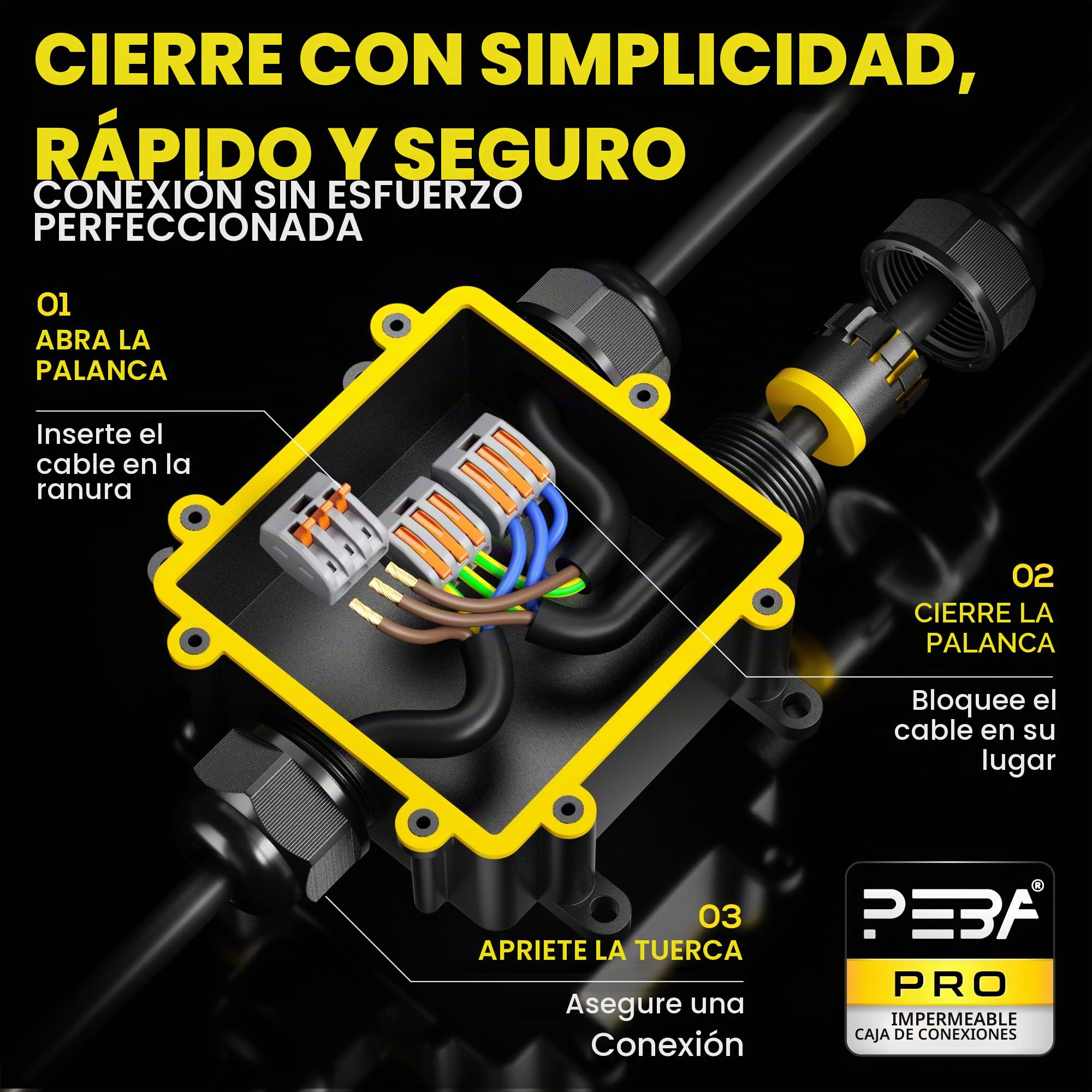 PEBA® Cajas de Conexiones Impermeables IP68, Conector de cable estanco,Caja de conexiones de conector de cable Exterior de 3 vías, Apto para cables Ø4-14 mm Caja Conexiones Negro,1 piezas