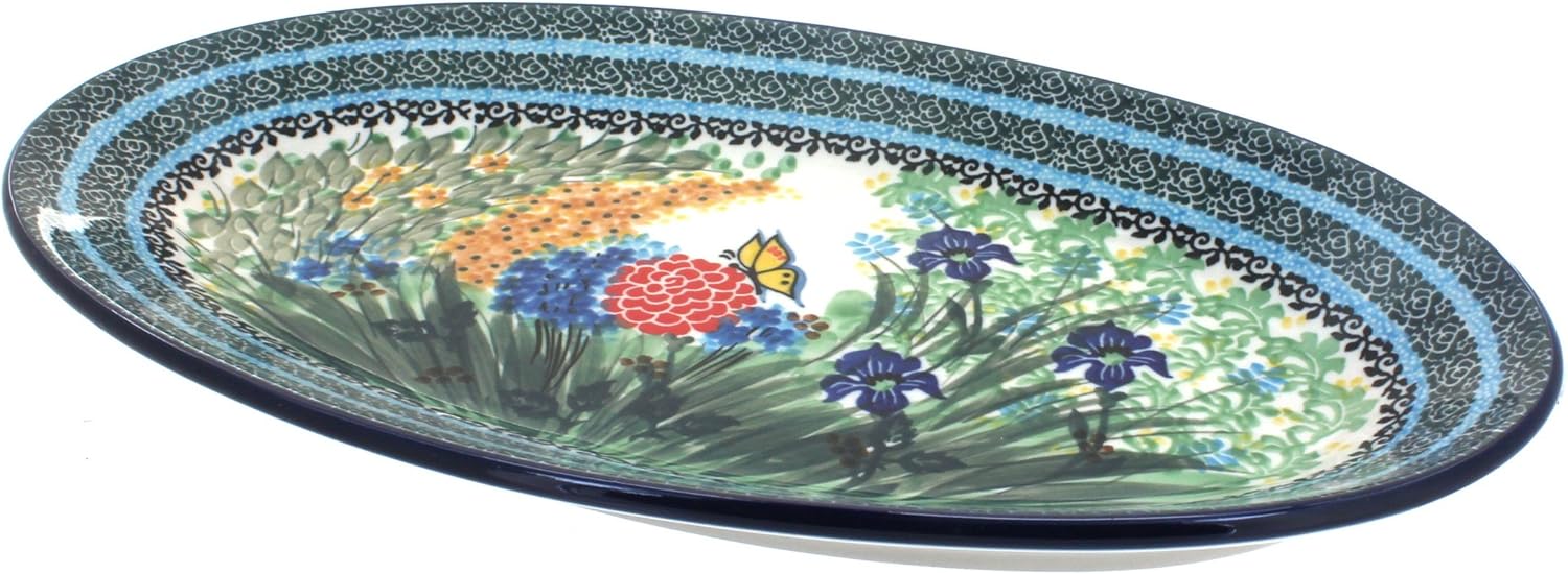Blue Rose Polish Pottery - Orange Peach Posy Oval Platter - 14.5" x 8.5" - Unique Platter for Dinner Parties, Very Durable & Dishwasher Safe