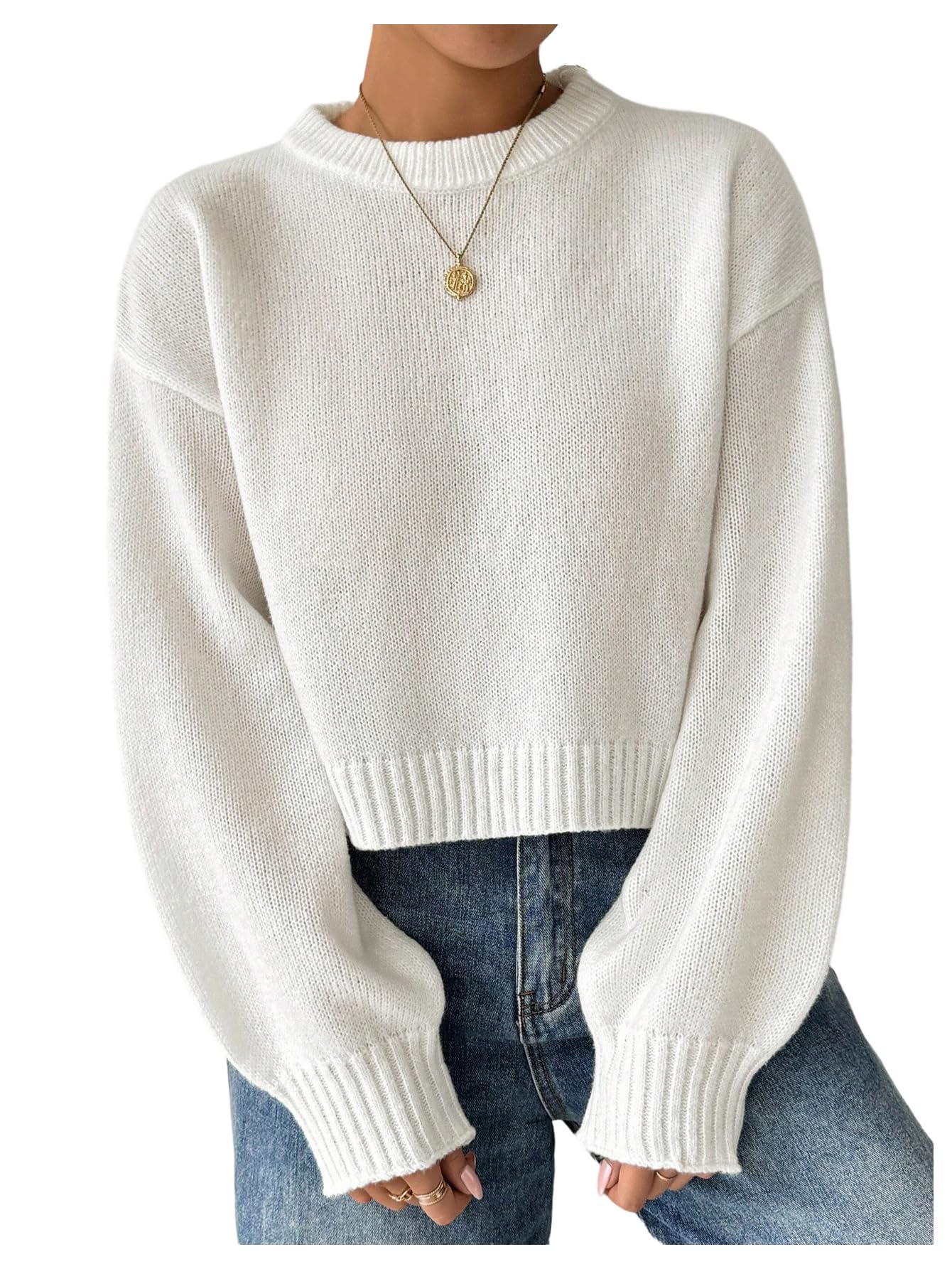 Verdusa Womens Ribbed Knit Sweater Crew Neck Long Sleeve Casual Loose Pullover Tops