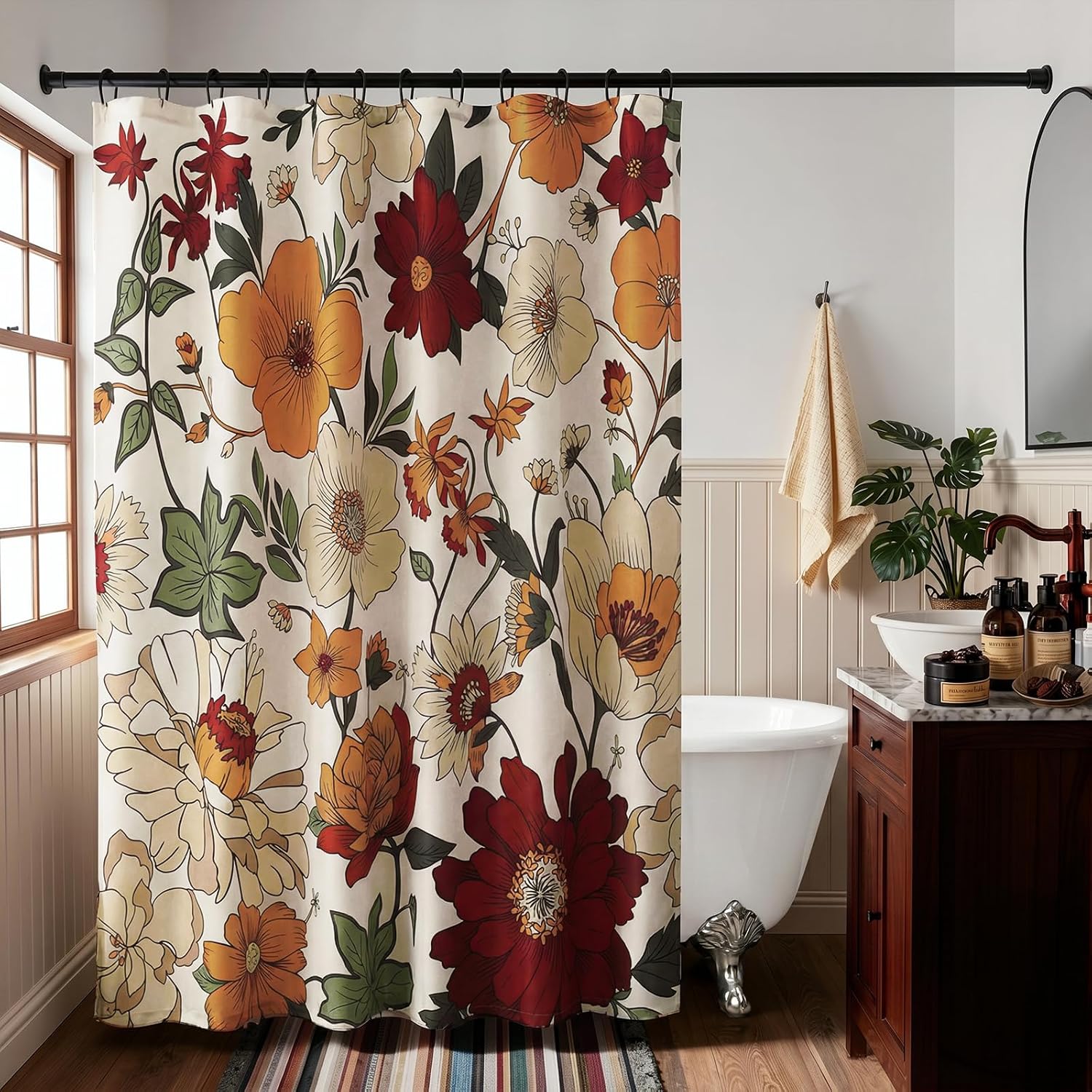 jinchan Lora Vintage Floral Shower Curtain Boho Colorful Beige Shower Curtains for Bathroom Mid Century Modern Botanical Pattern Home Decor Waterproof Fabric Bathroom Curtain with 12 Hooks 70X72 Inch