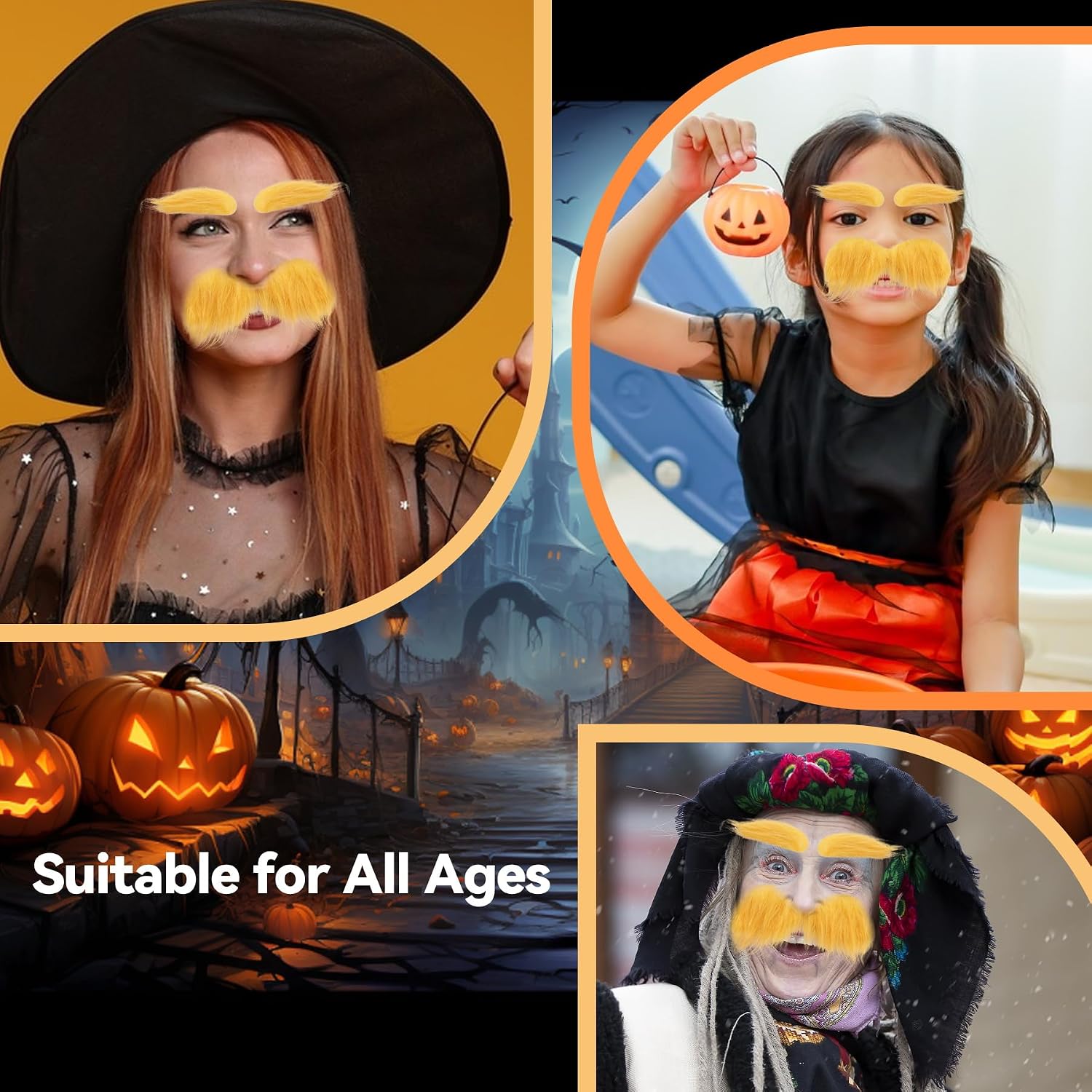 woxafo 2 PCS Yellow Mustache and Eyebrows with Spare Tape, 2 Novelty Realistic Yellow Fake Mustache Beard and Eyebrows for Adults, Halloween Cosplay Costume Party Favors