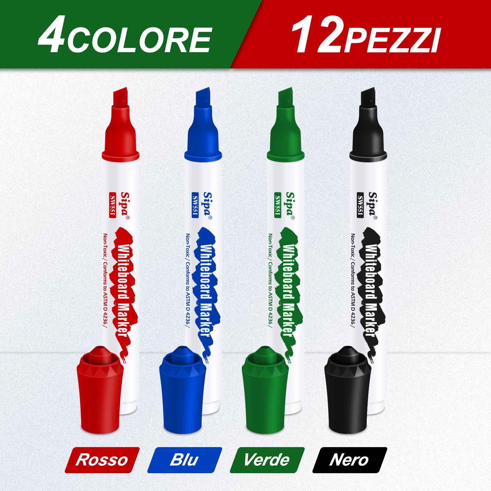 Sipa 12 Pennarelli Lavagna Bianca Cancellabile -Punta a Scalpello da 4 mm，Nero, Rosso, Verde, Blu，Basso odore sicuro，Soddisfare le esigenze di scuole, uffici e famiglie