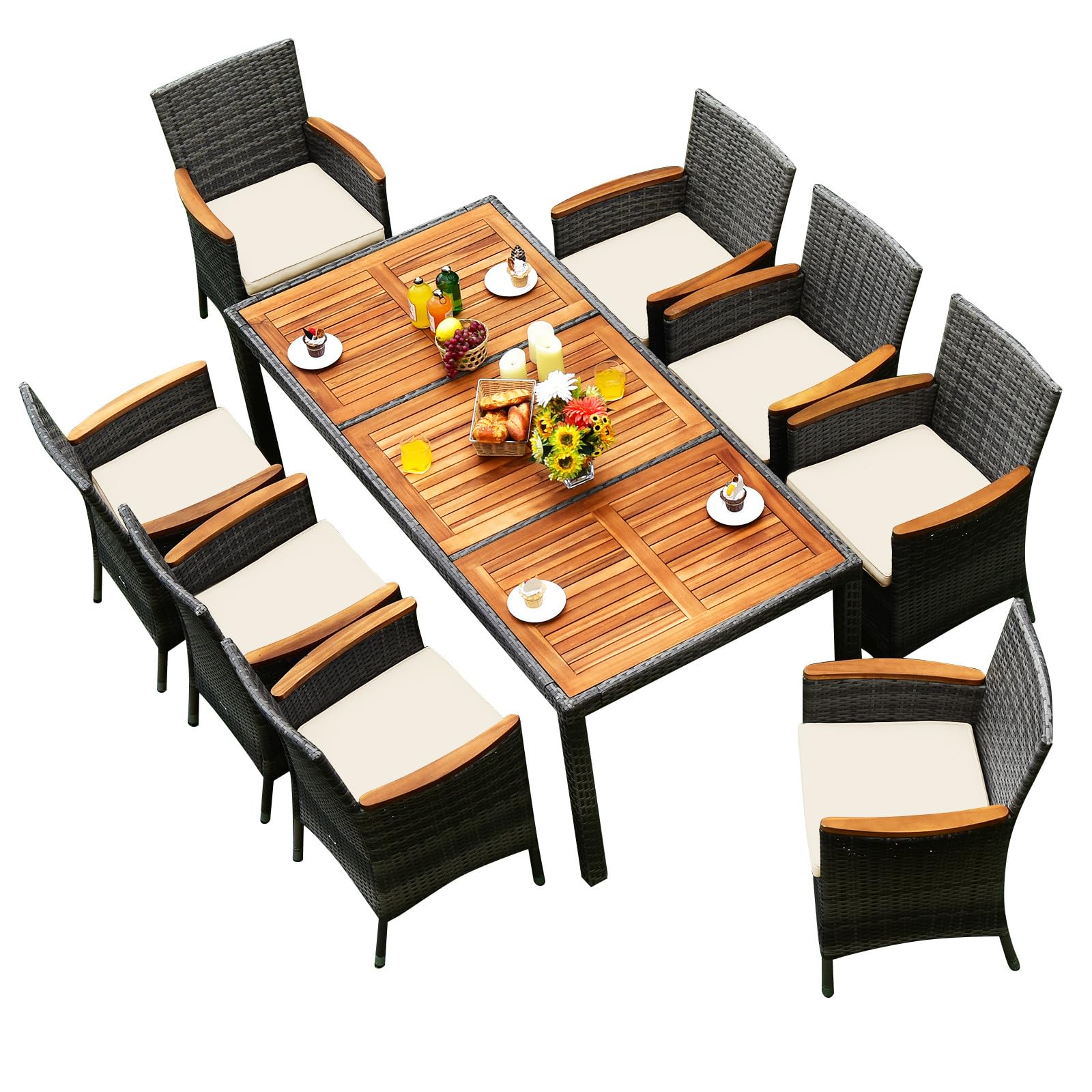 LIFEZEAL Tavolo da pranzo da giardino esterno con sedia in rattan PE, tavolo rettangolare e 8 sedie con cuscino, set di mobili per 8 persone, patio, terrazza, carico 180 kg, PE59691234ES