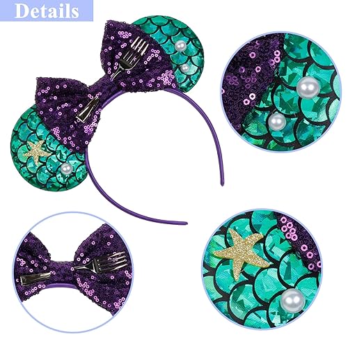 Miniatura 7 de WOVOWOVO Diademas de orejas de ratón para mujeres y niñas, bandas de pelo con lazo morado brillante, Navidad, Año Nuevo, cosplay, disfraz de