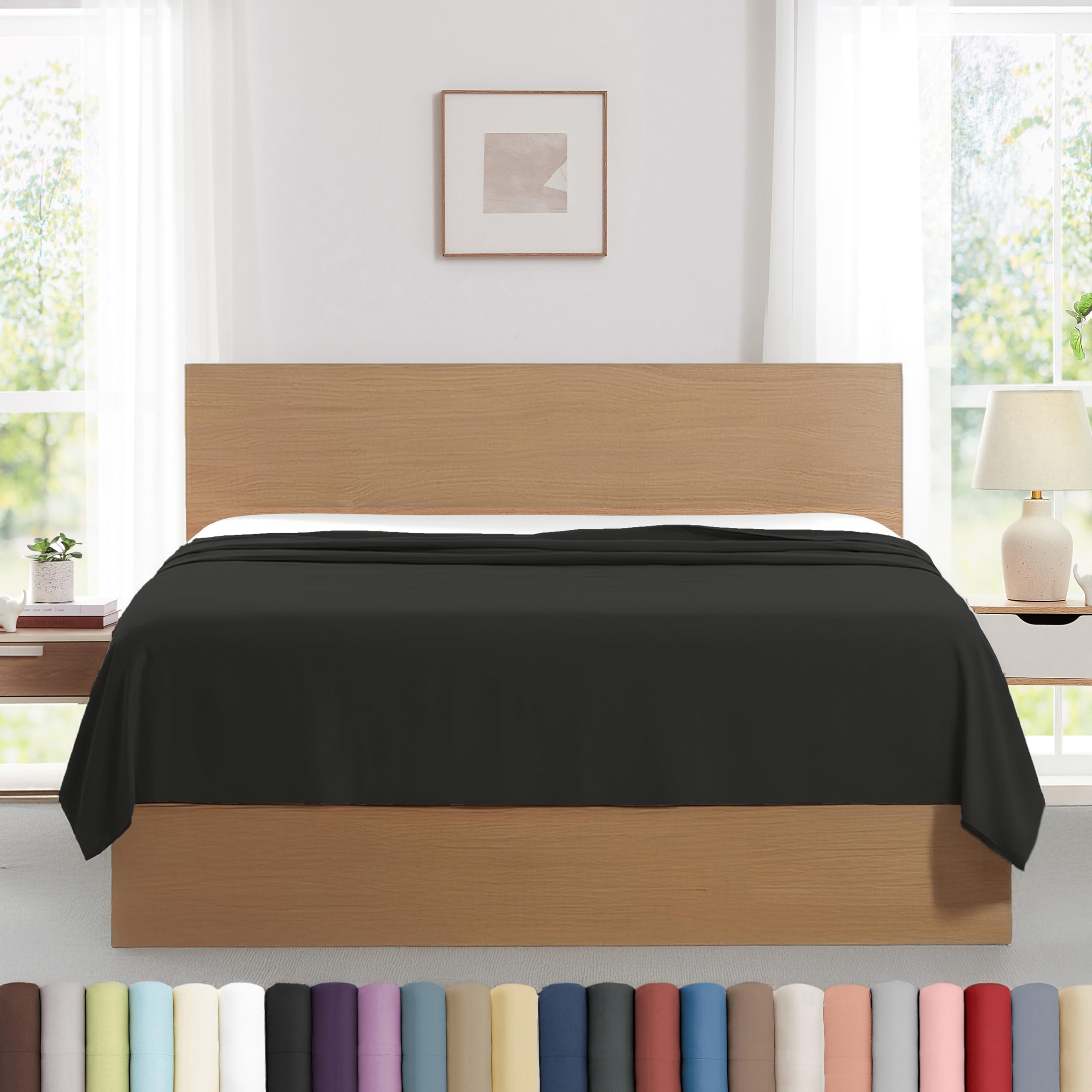 Southshore Fine Living, Inc. 2-Pack King Size Flat Sheets Only, Premium Black Bed Sheets, 112" x 102" King Top Sheet Stays Tucked on Deep Mattresses, King/California King Flat Sheet Set, Black