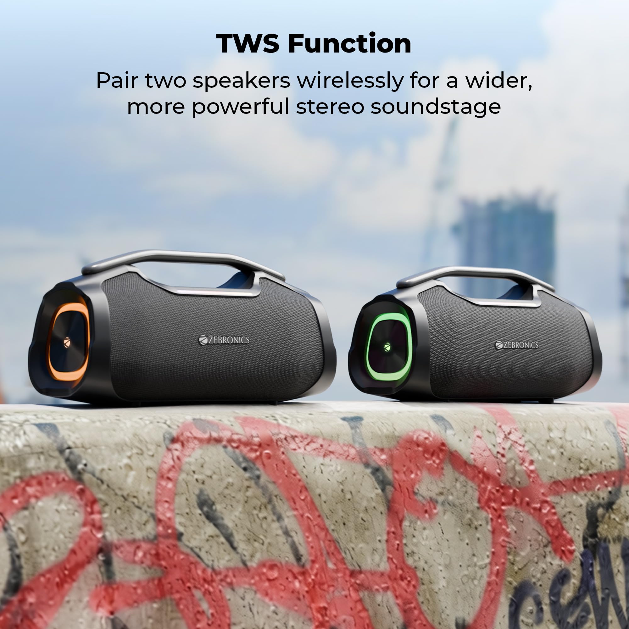 ZEBRONICS 2026 Launch 50W Bluetooth Speaker, Dual 5.7cm Drivers, 8.9cm Subwoofer, Upto 5Hrs Playback, Dual Passive Radiators, RGB Modes, 6.3mm Mic Input, TWS, BT v5.3, Type-C (Sound Feast 450) — Amazon image 9