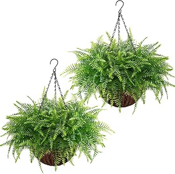 2 Pack Fake Hanging Fern Plants Outdoor - Green | UV Resistant Artificial Outdoor Hanging Plants, Realistic Faux Greenery Fern for Patio Front Porch Garden Home Decor