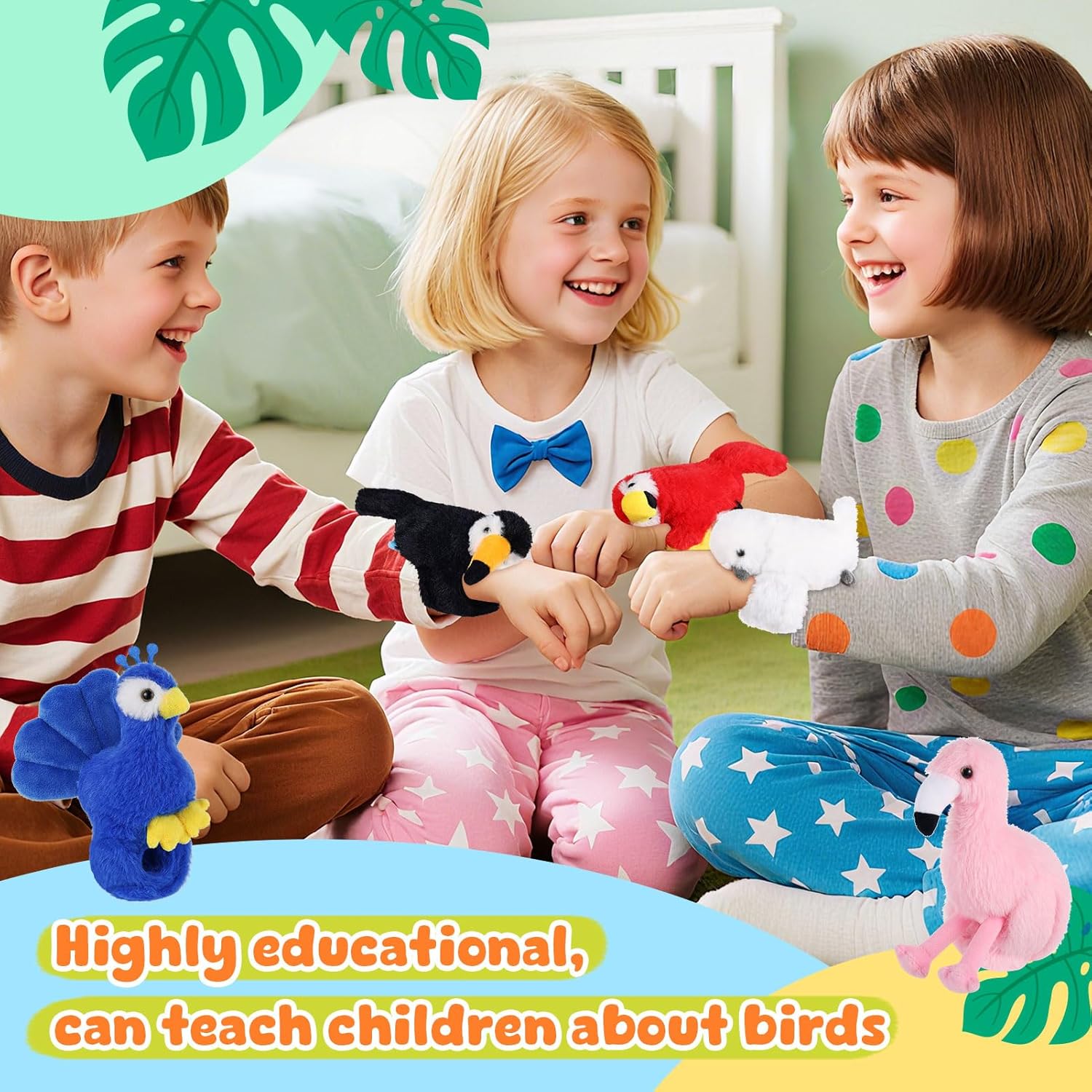 6 Pcs Bird Stuffed Animal Slap Bracelets Cute Parrot Eagle Flamingo Owl Plush Animal Wrist Snap Bracelets for Kids Birthday Boys Girls Gift