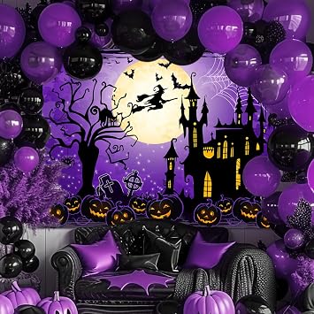 Avezano Halloween Backdrops for Photography Purple Sky and Moon Light Castle Pumpkin Lantern Gravedigger Halloween Background for Kids Child Party Decoration Photoshoot (7x5ft)