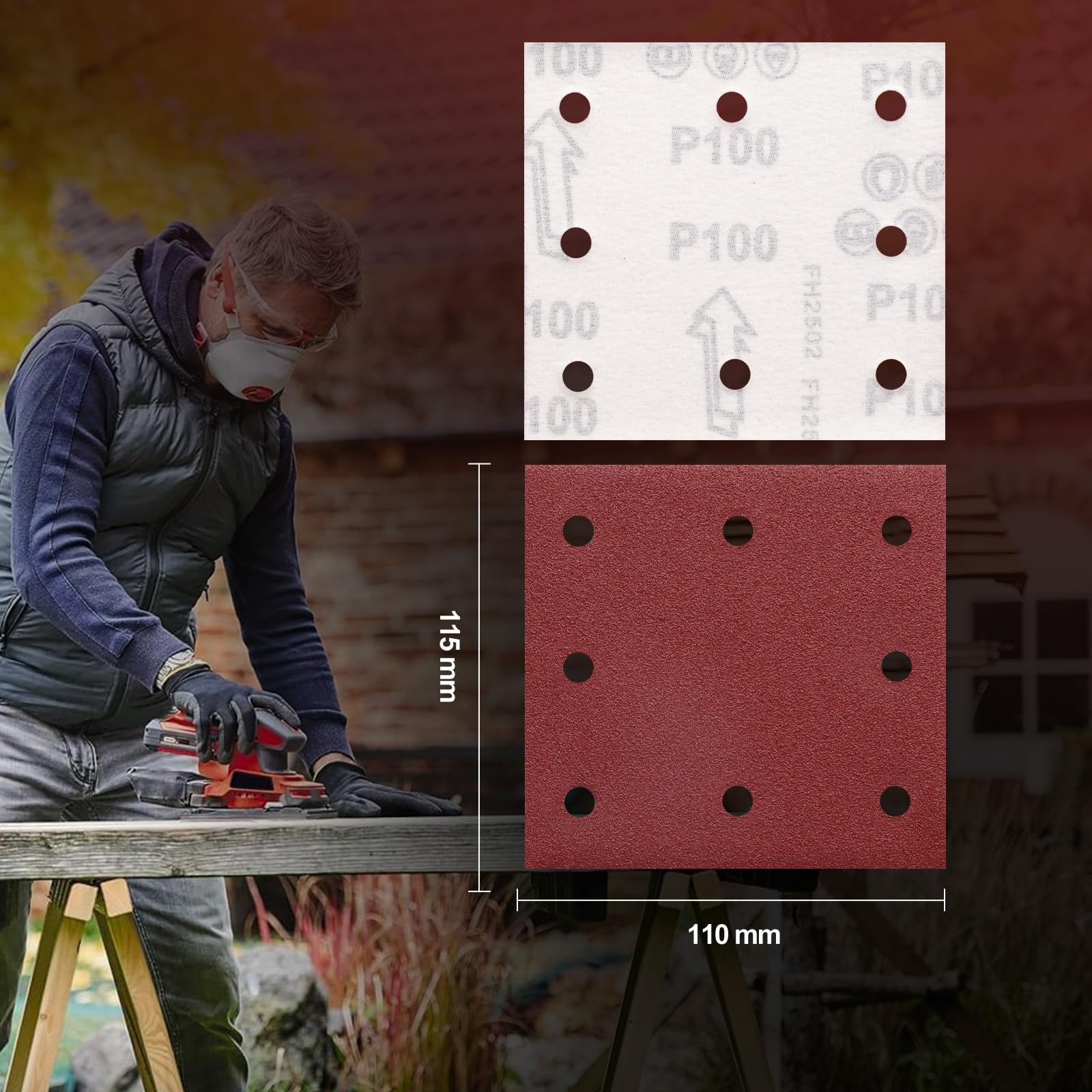 Sruhrak 50 Pezzi Carta Abrasiva Kit, 110x115mm Fogli Levigatrice 100 Grana 8 Fori Carta Vetrata Rettangolari per Levigatrice Orbitali Casuali