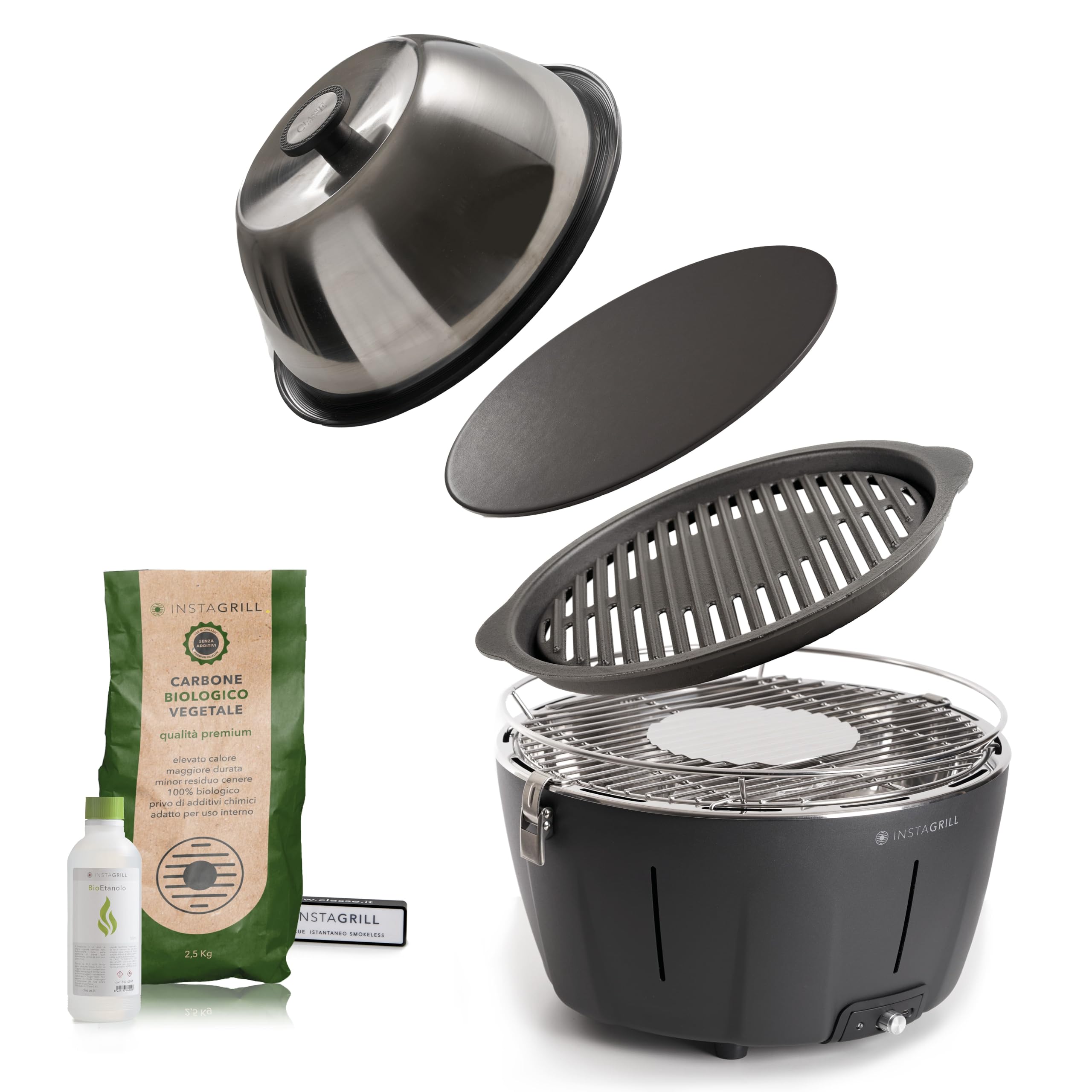 Classe Italy | Barbecue à charbon grille en fonte, couvercle de cuisson four et plaque. Balcon, portable. Batterie rechargeable, charbon et gel pour allumage inclus.