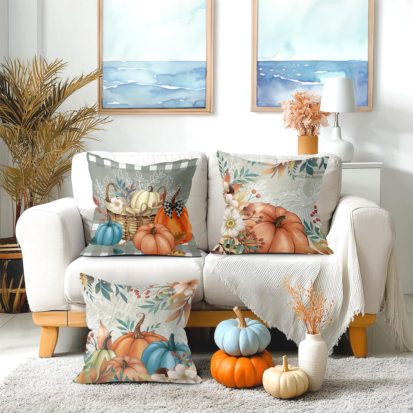 Herbst-Kissenbezüge Mit Kürbis-Druck – 2er-Set 45x45 Cm, Baumwollleinen, Für Sofa & Wohnzimmer