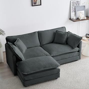 Loveseat Modular Sectional Sofa, 76.7 Inch L Shaped Couch with Ottoman, Cloud Couch Home Sofa Living Room 2 Seater, Modern Oversized Couches, Grey Chenille