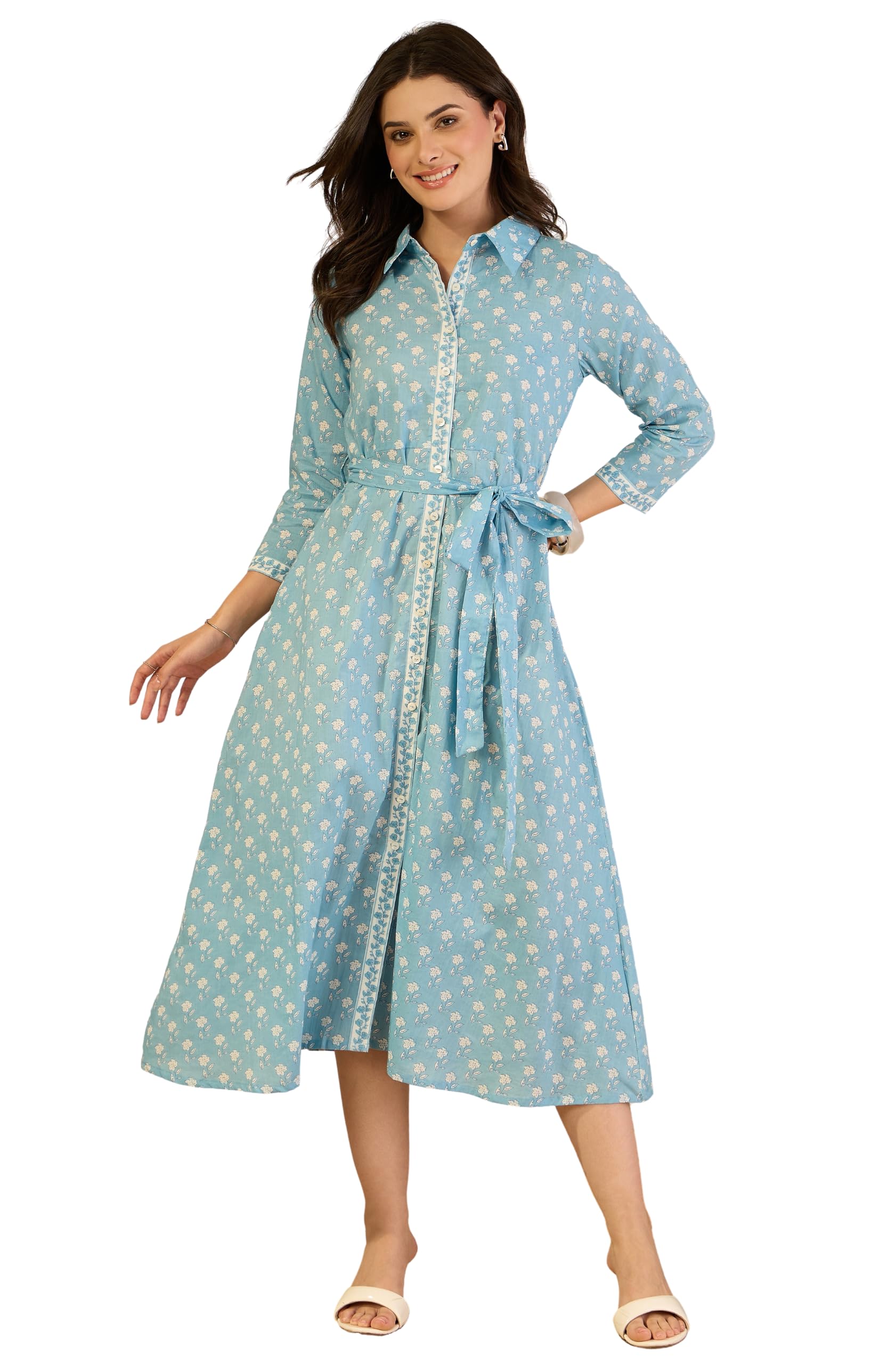 janasya Women's Light Blue Pure Cotton Floral Printed Shirt Style Dress-picture-12