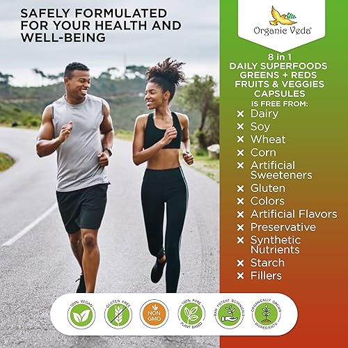 Miniatura 7 de Organic Veda Super Greens Reds Veggies Cápsulas  8 en 1 diario 30 superalimentos orgánicos enteros suplemento de frutas y verduras  Enzimas de
