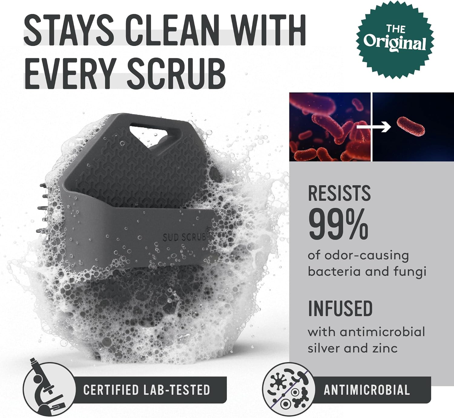 Sud Scrub® Antimicrobial Silicone Body Scrubber, Exfoliating Body Scrubber for Sensitive Skin, Eco Friendly Shower Scrubber for Body, Silicone Body Brush for Showering, Charcoal - Image 2