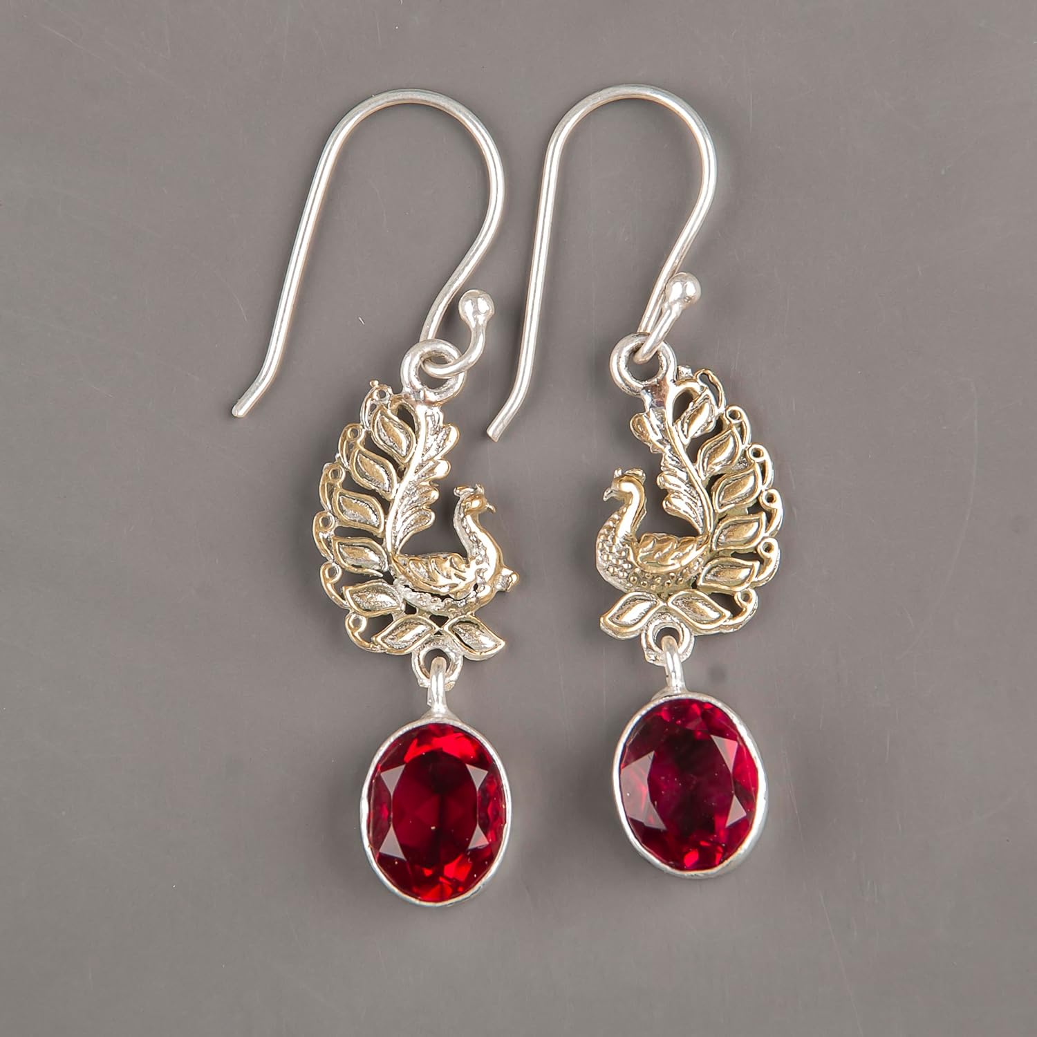 Gemstone 925 Sterling Silver Statement Drop & Dangle Earrings, Oval Stone Bezel Set Handmade Earrings For Mother, Two Tone Peacock Hook Earring Jewelry, Healing Birthmonth Jewelry, Birthday Gift