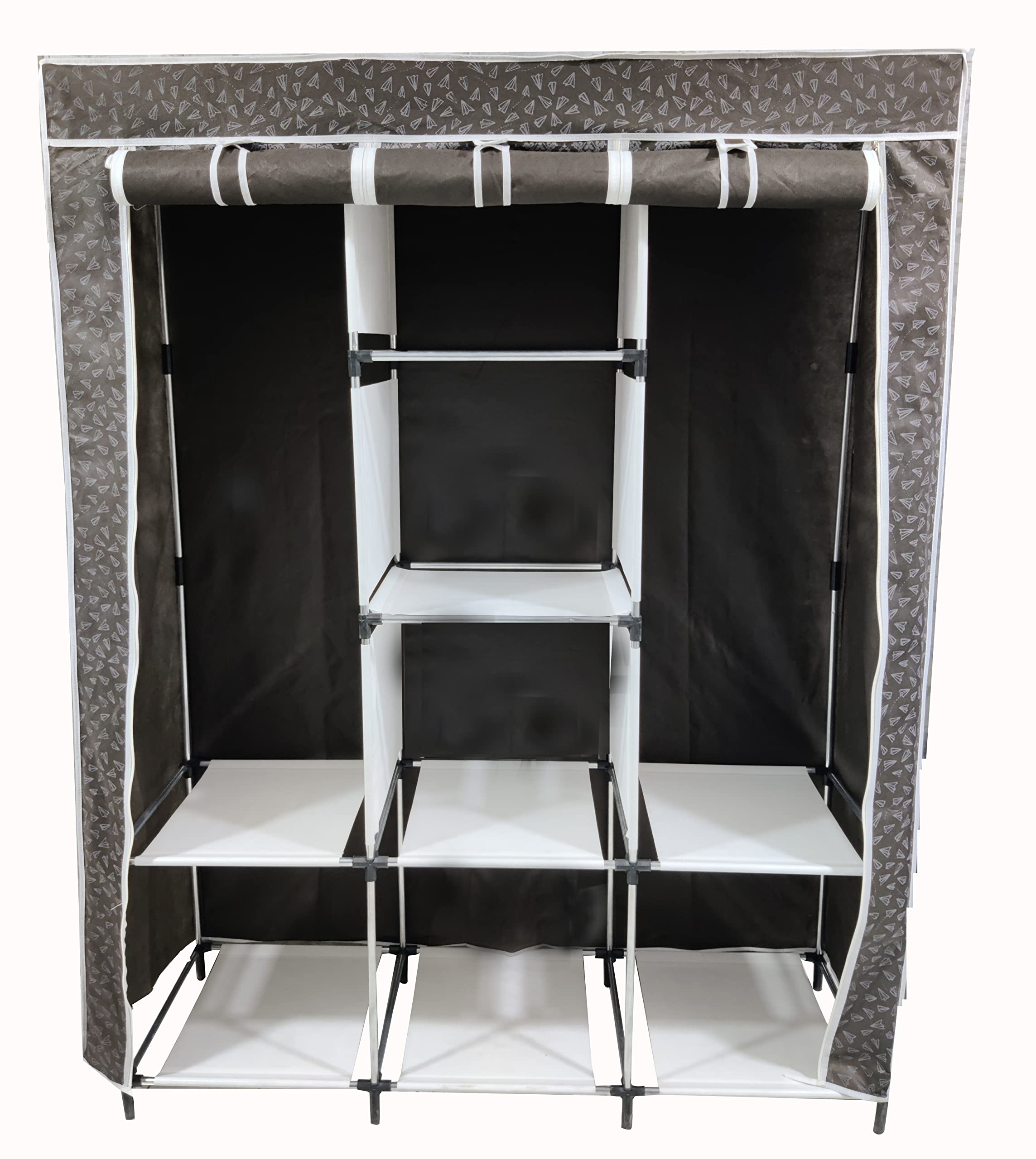 GTC® 6+2 Shelves (Layers) Fancy and Portable Foldable Collapsible Closet Cabinet 3 Door Wardrobe (88140, Nove Woven Fabric) (Without Pocket, Printed) Do-It-Yourself (126X42.5X166CM, Brown) Storage Unit