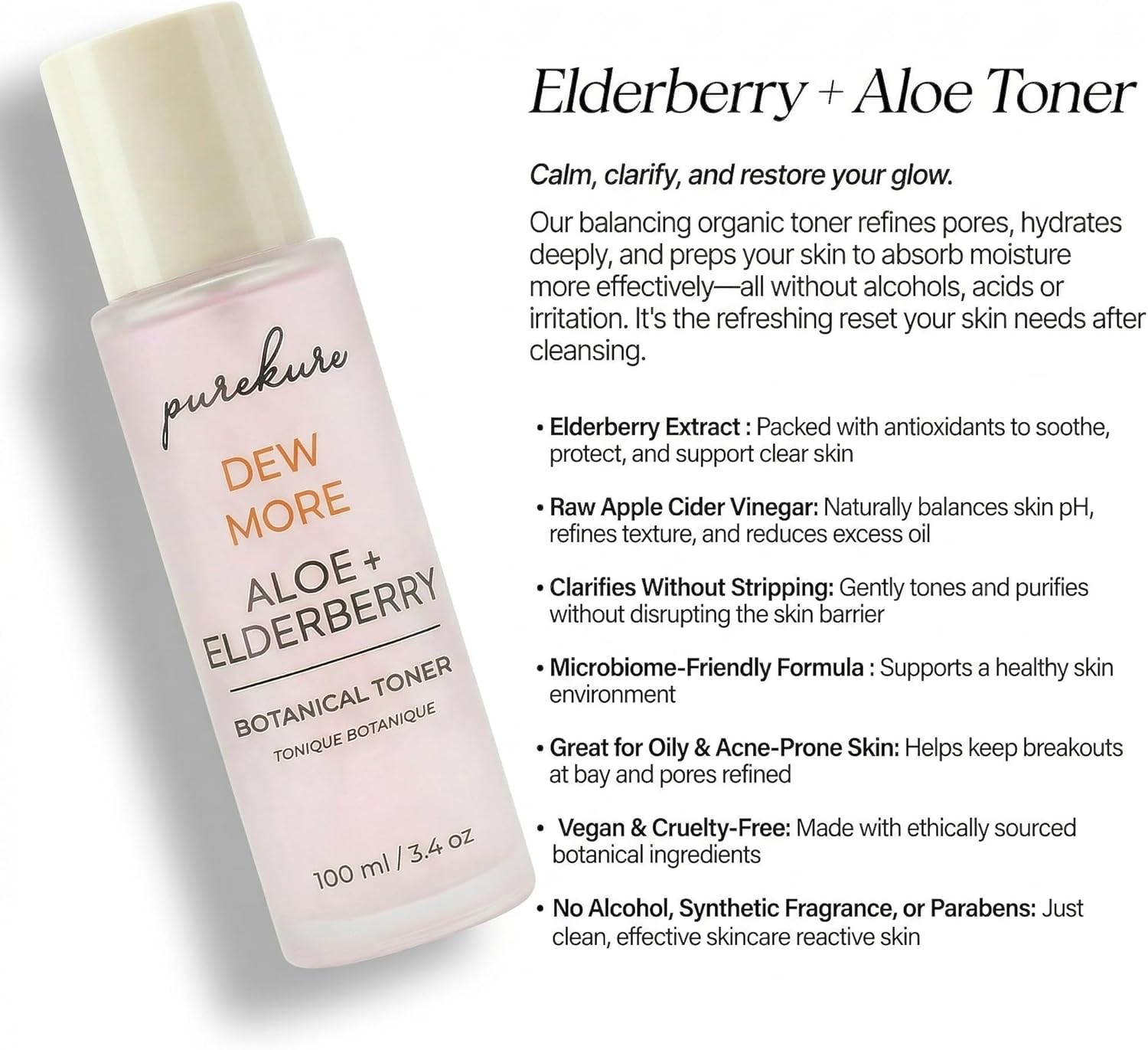 Facial Toner for Sensitive Skin – Hydrating & Pore Minimizing Organic Toner with Aloe & Elderberry, Alcohol-Free, 100 mL