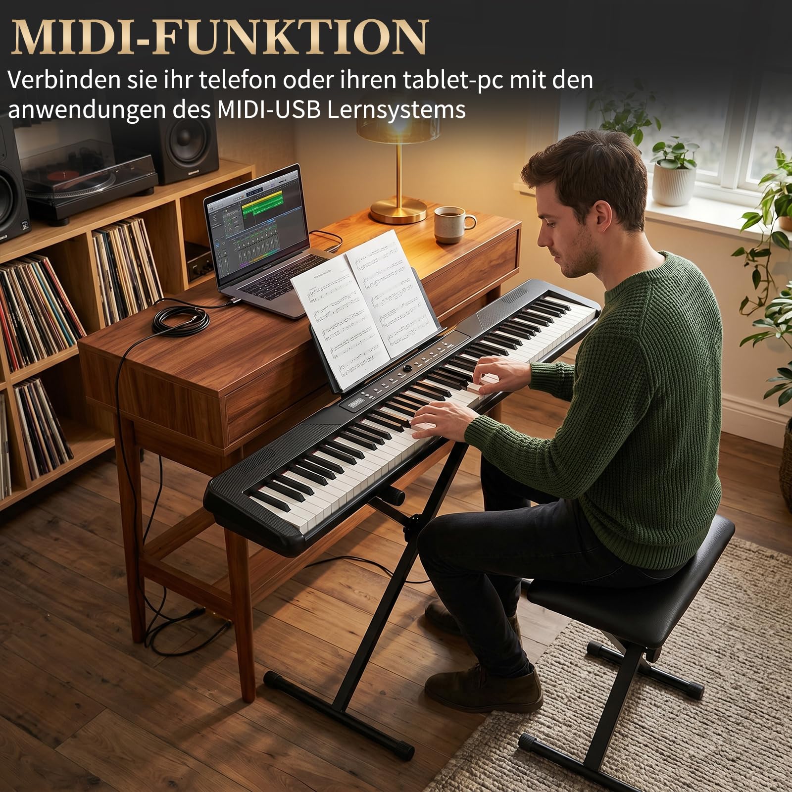 LEADZM Piano Numérique 88 Touches avec Support, Pédale de Sustain, Clavier Piano avec Pupitre, Casque et Microphone (Noirz)