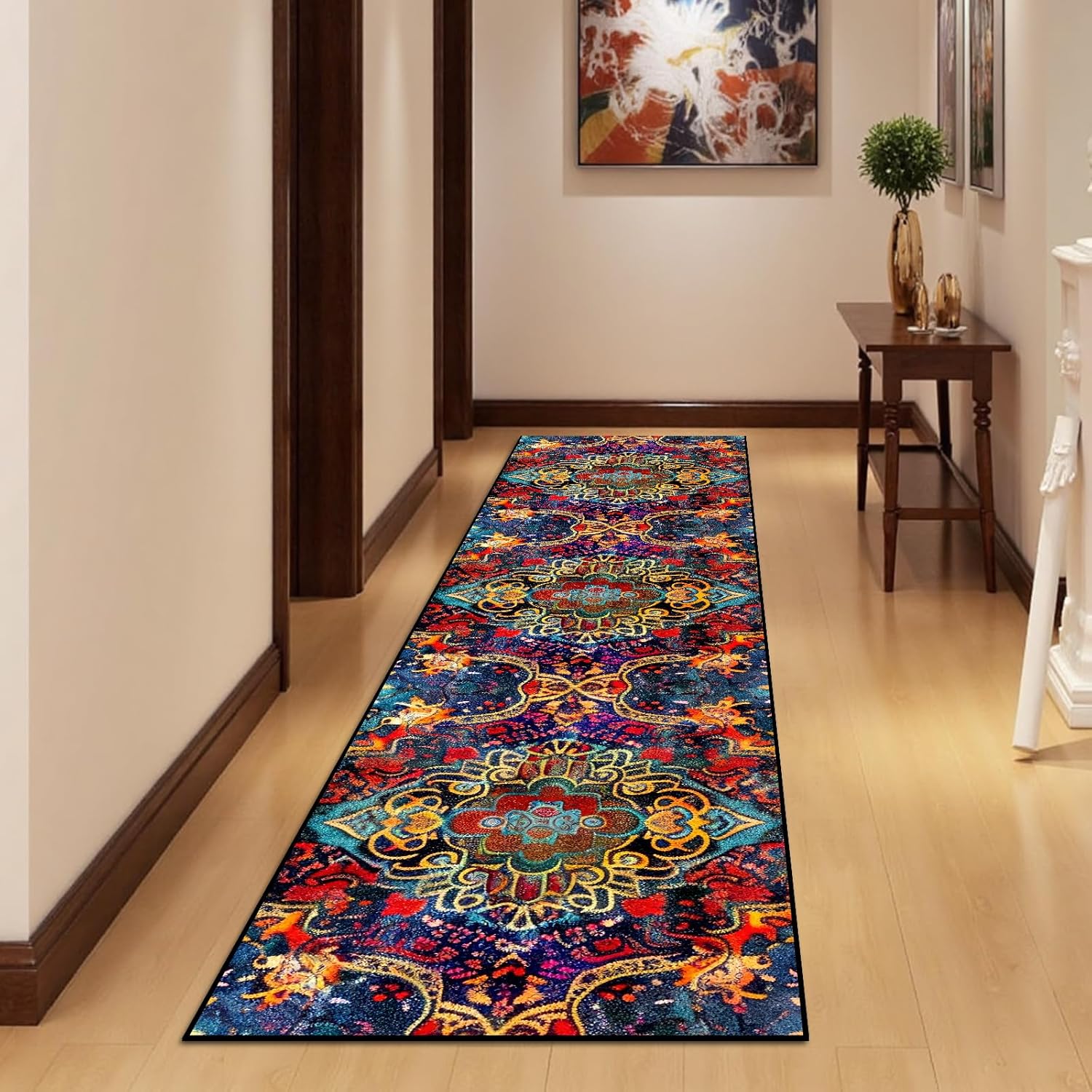 Washable Corridor Runner Rug, Non-Slip Dark Red Hallway Rug Runner with Upgrade Rubber Backing, Stain Resistant Faux Wool Distressed Carpet for Bedroom Kitchen Laundry Corridor Balcony (94.5" x 23.6") - Image 3