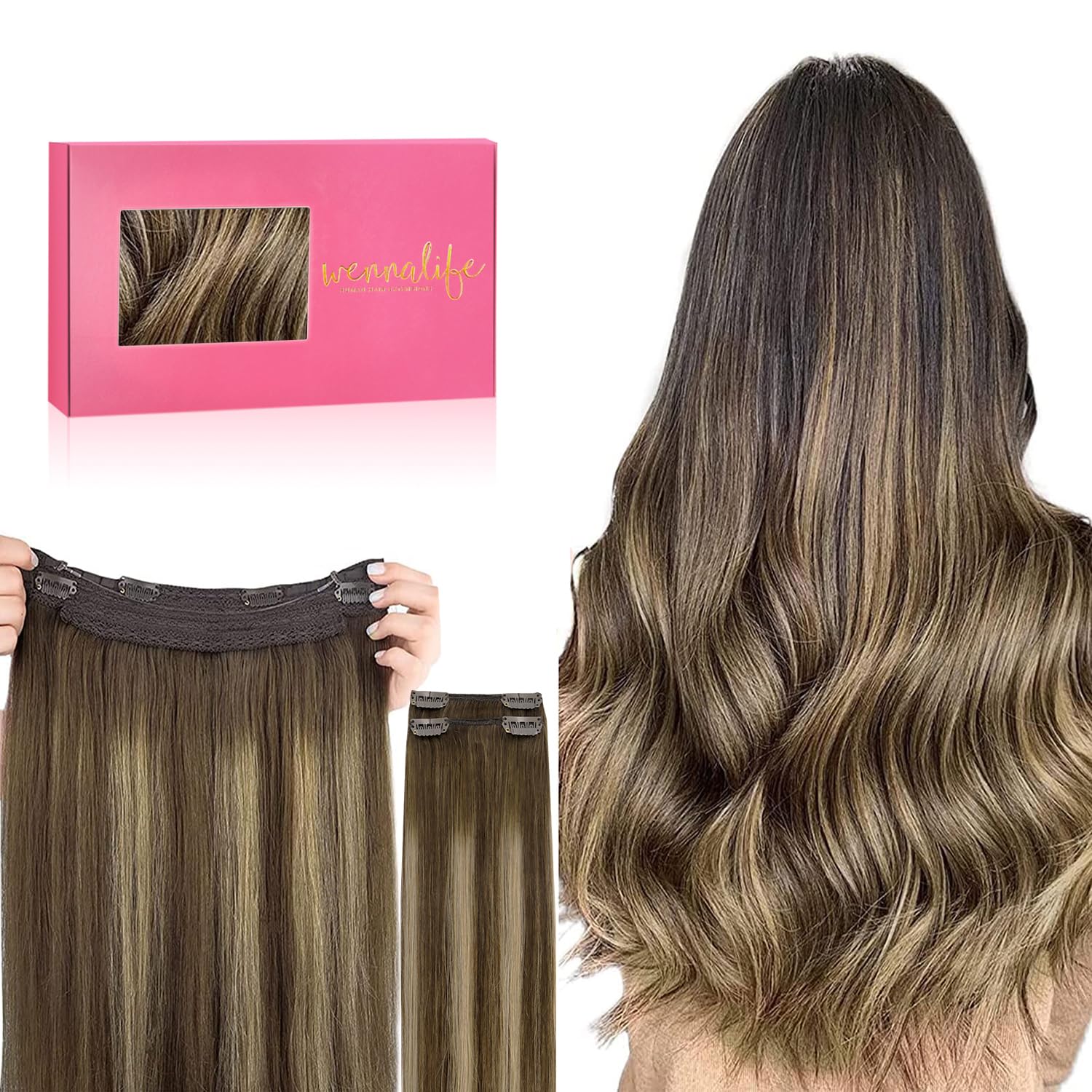 WENNALIFE Wire Hair Extensions (Increase 50% Lifespan) Real Human Hair 14 inch 75g Balayage Dark Brown to Chestnut Remy Invisible Transparent Fish Line — view 65