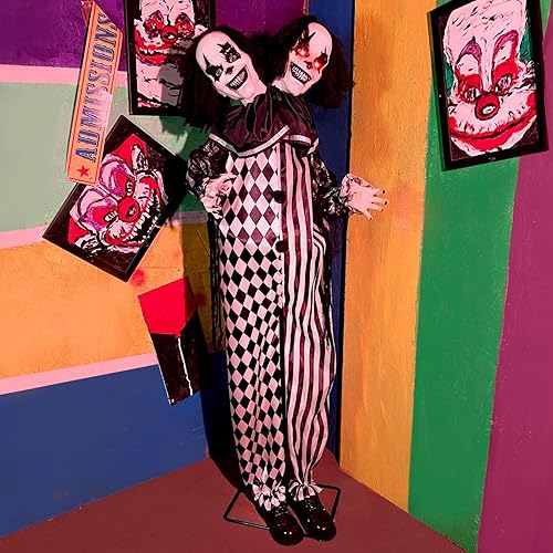 Miniatura 47 de Haunted Hill Farm Payaso parlante aterrador de tamaño real con luces y sonidos activados por el tacto, funciona con pilas, decoración