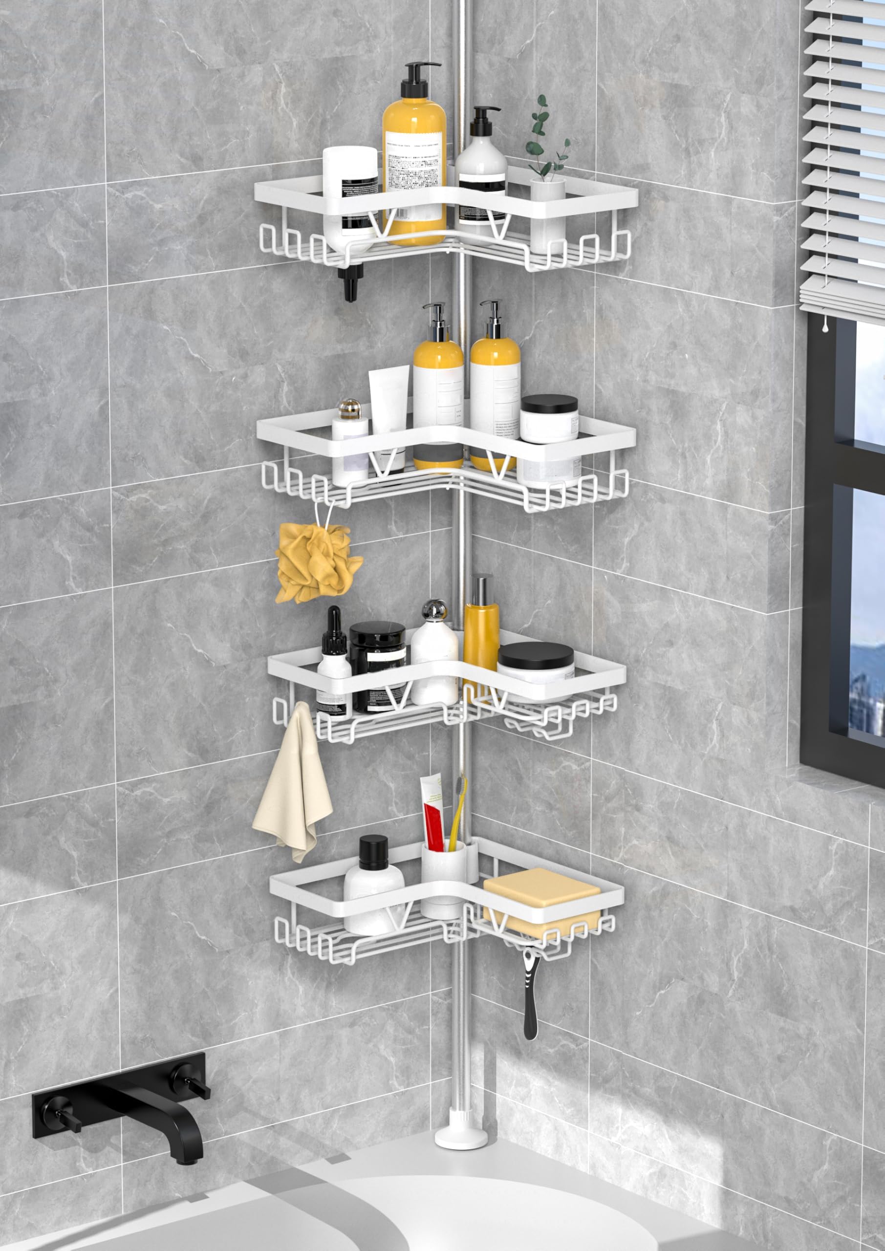 KEGII Corner Shower Caddy Tension Pole - White Shower Tension Rod Organizer, Floor to Ceiling Shower Caddy 25-114.2 inch, Towel Rack Corner Waterproof