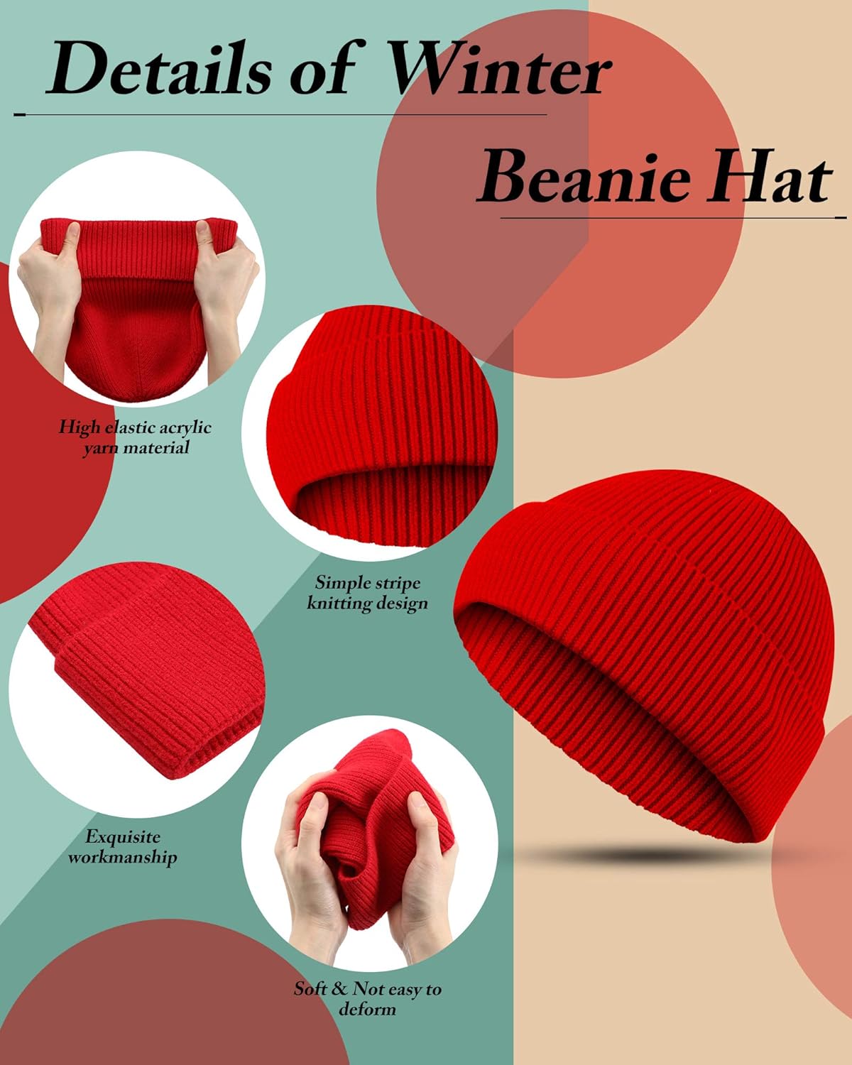 Syhood Red Beanie Hats for Women Men Unisex Winter Knitted Caps Soft Warm Ski Hat Daily Ribbed Ski Beanie - Image 3
