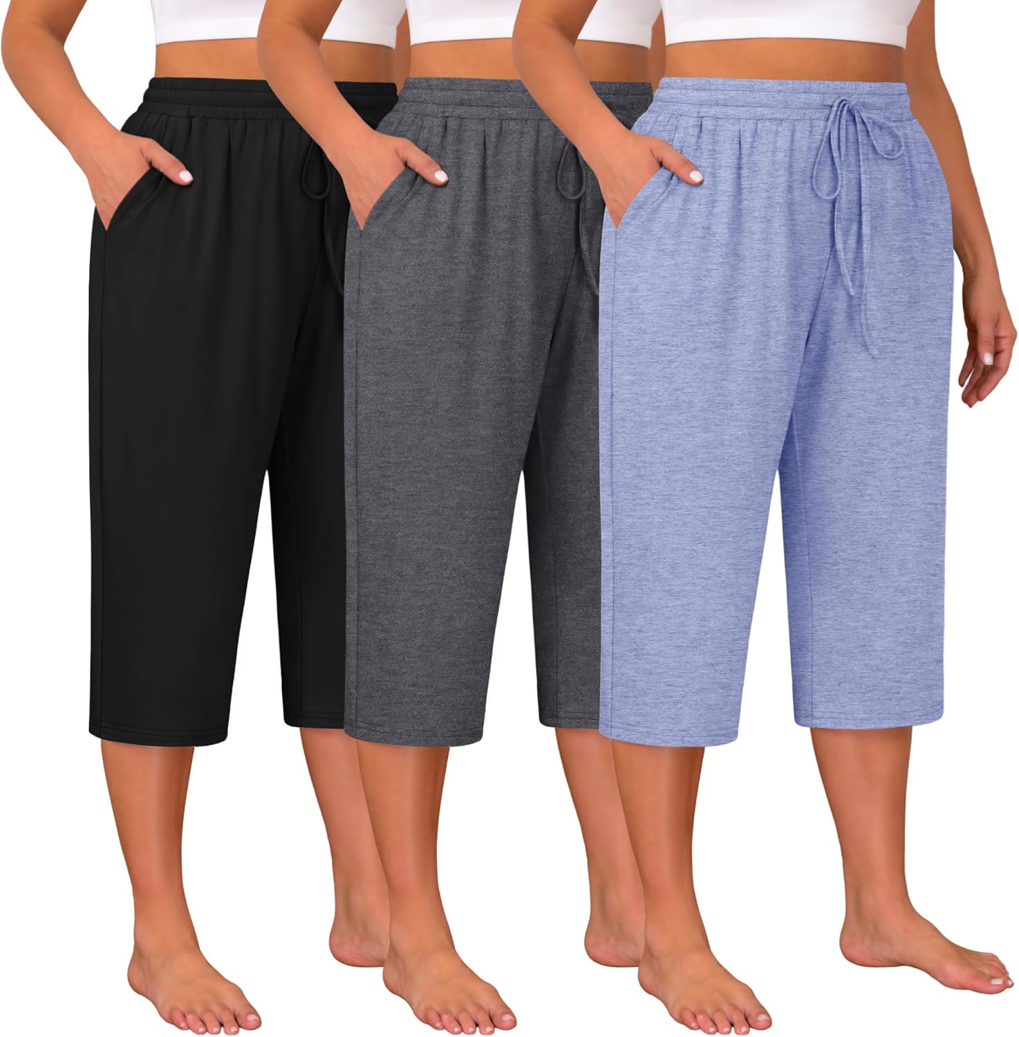 Huukeay 3 Pack Women’s Plus Size Capris, Drawstring Cotton Yoga Capri Sweatpants Summer Casual Loose Cropped Pant with Pocket