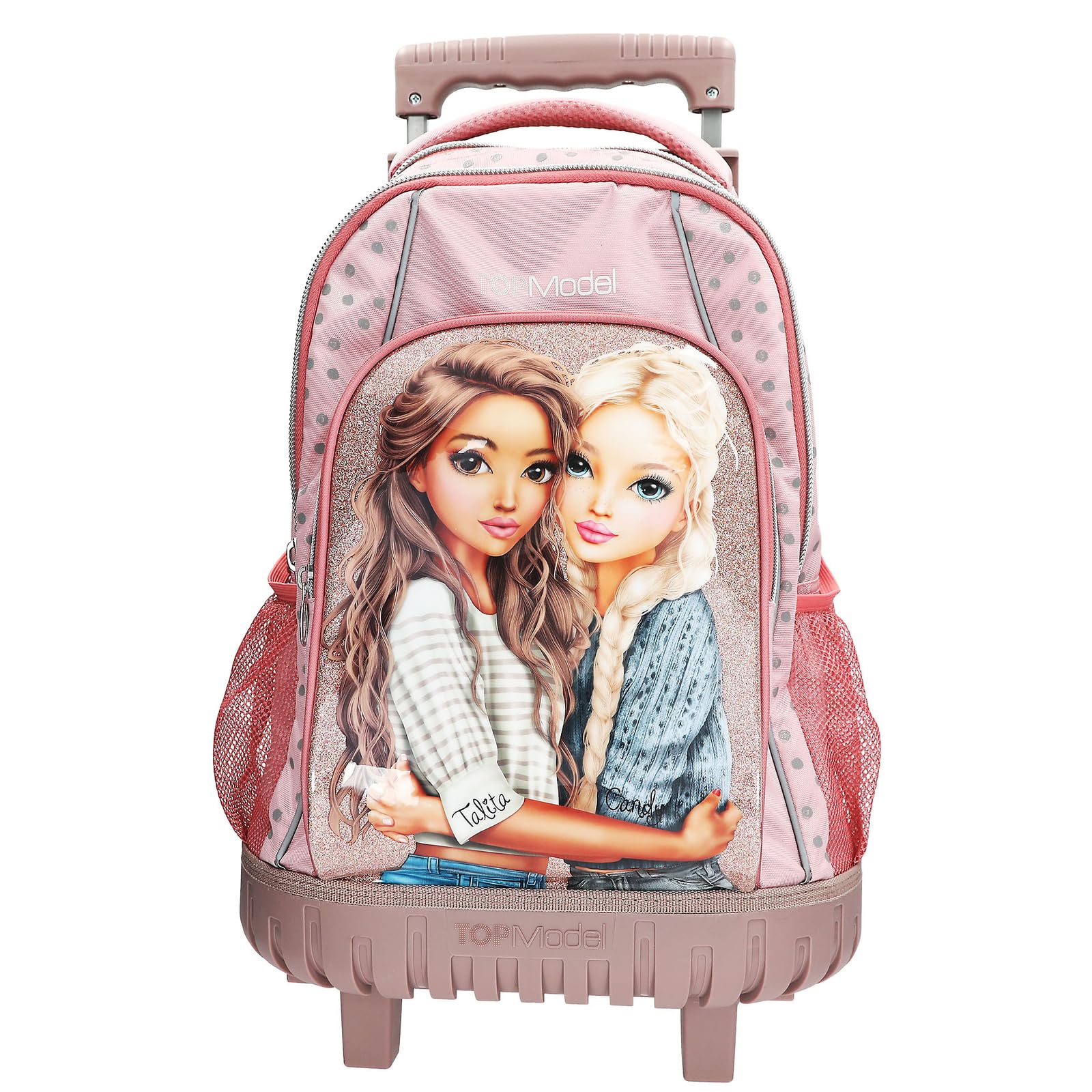 Depesche 14009 TOPModel Dots - Schulrucksack Trolley in Rosa, mit Model Motiv, Punkte-Muster und Glitzer, Schultasche mit Teleskopgriff und Rollen